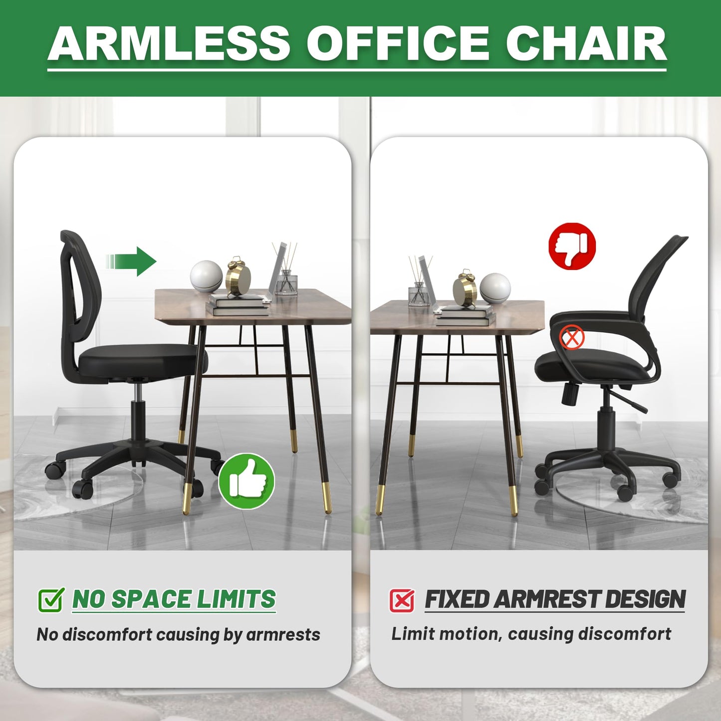 Swivel Armless Desk Office Chair Without Arms Adjustable Height and Lumbar Support for Home