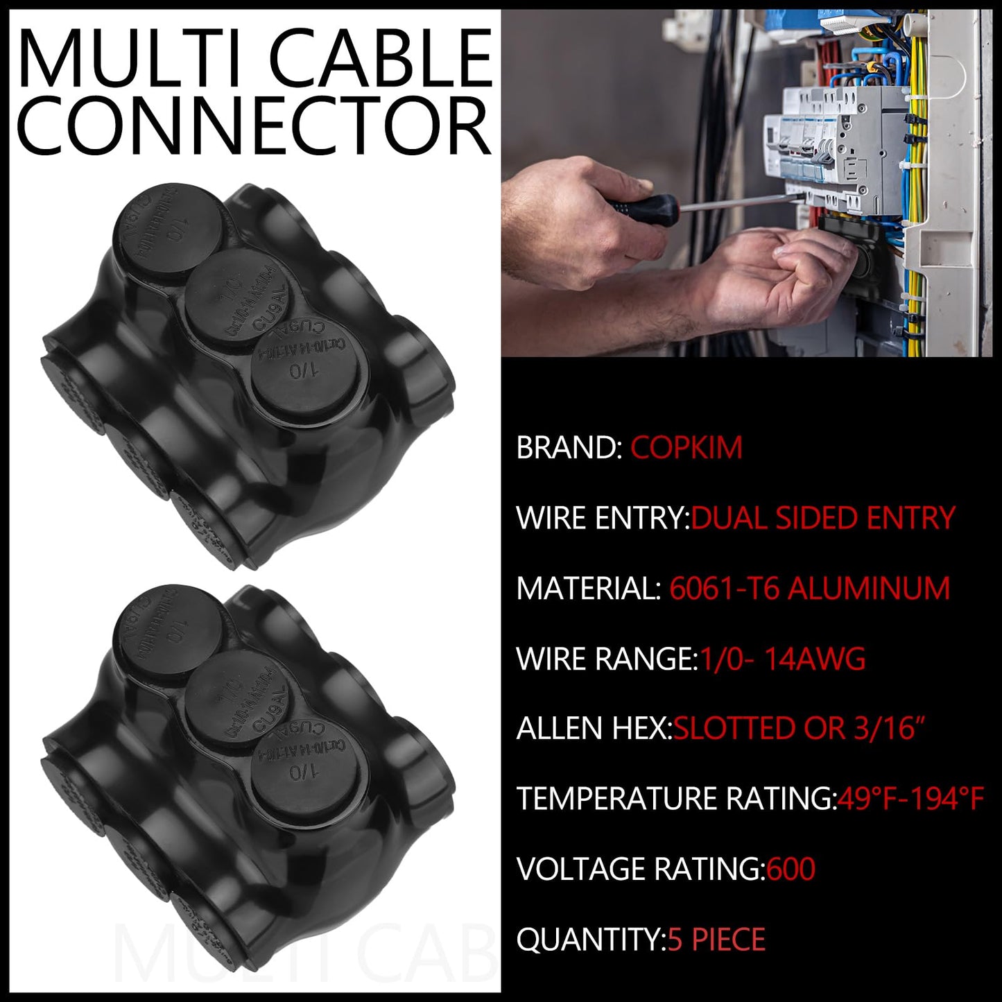 Copkim 5 Pack Black Multi Cable Connector Insulated Multi Tap Connector 3 Wire Port Splice Dual Sided Entry Prefilled with Oxide Inhibitor (1/0-14awg)