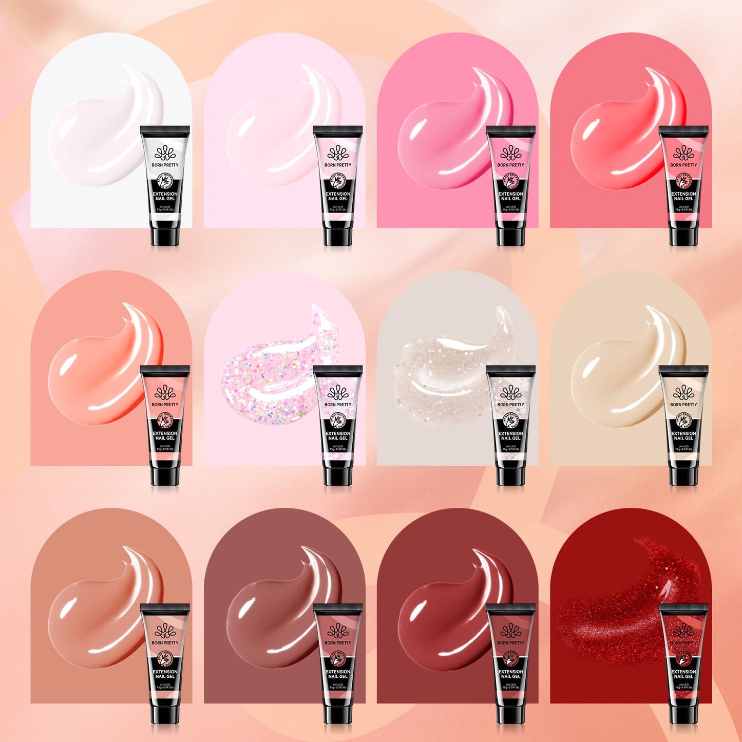 BORN PRETTY Poly Extension Gel Kit-12 Colors Extension Nail Gel Kit Nude Clear Jelly Pink All-In-1 Kit Builder Glue Gel with Nail Lamp Base Top Coat Set Nail Forms French Manicure Ideal Gifts