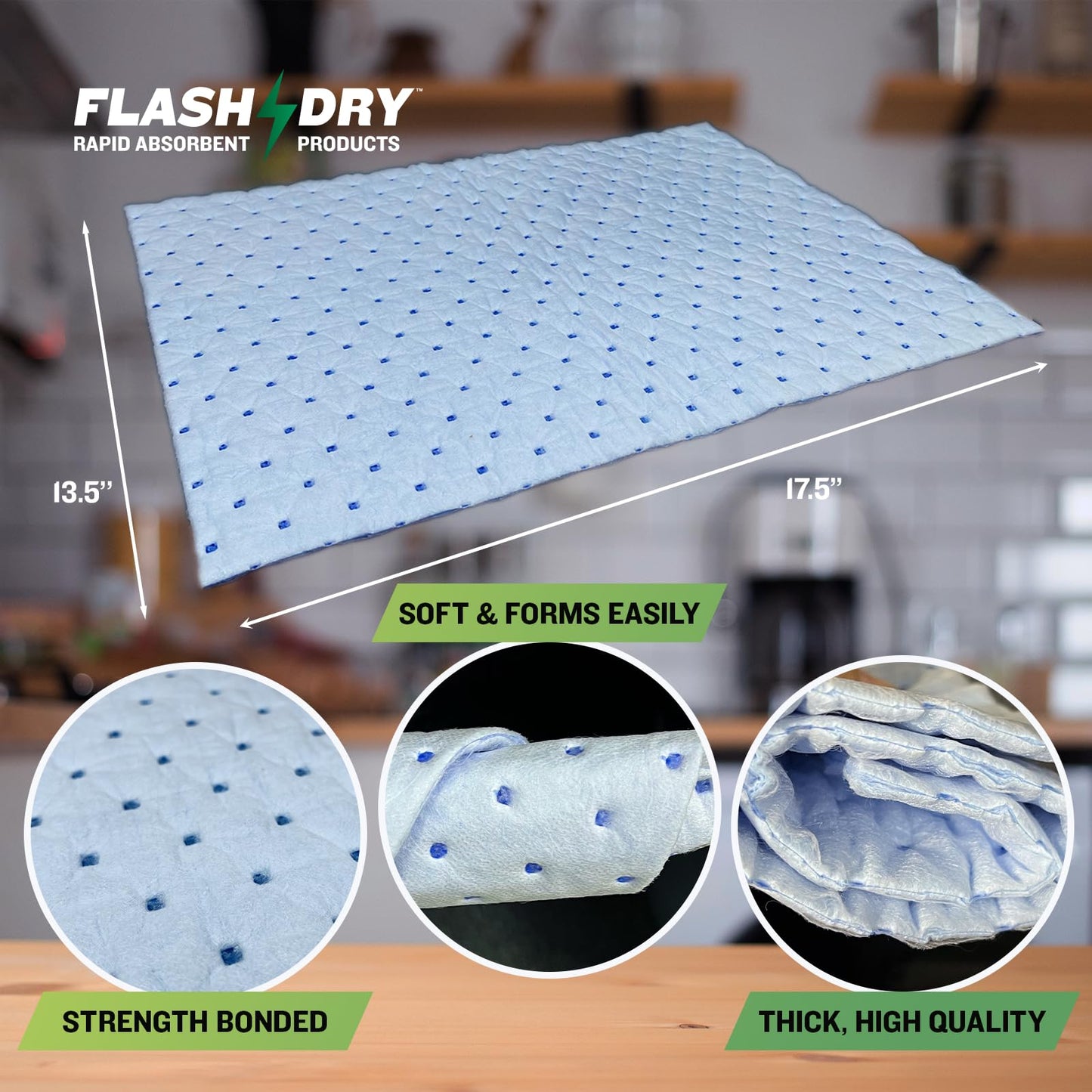 FlashDry Water Absorbent Pads 100 per Box, 17.5"x13.5" - Reusable and Hand Wringable Pads, Ideal for Water Leaks, Spills, Storm Damage Cleanup, Perfect for Basements, Garages, and Under-Sink Cabinets