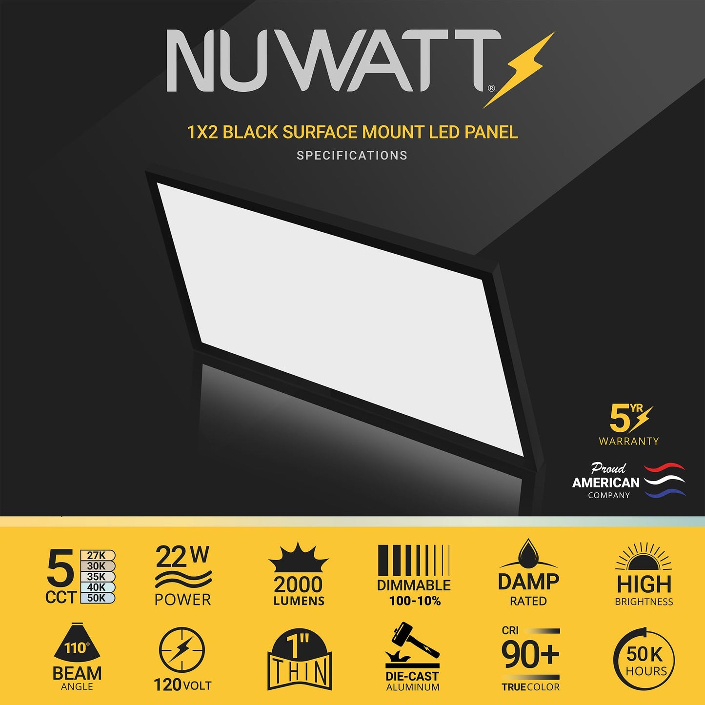 NUWATT 1x2 FT LED Surface Mount Panel, 5CCT 2700K/3000K/3500K/4000K/5000K Selectable, 2000LM, 22W, Internal Driver, Dimmable, 120V, CRI90, 1FT x 2FT Flush Mount Ceiling Light, 1" Inch Thick Black Trim