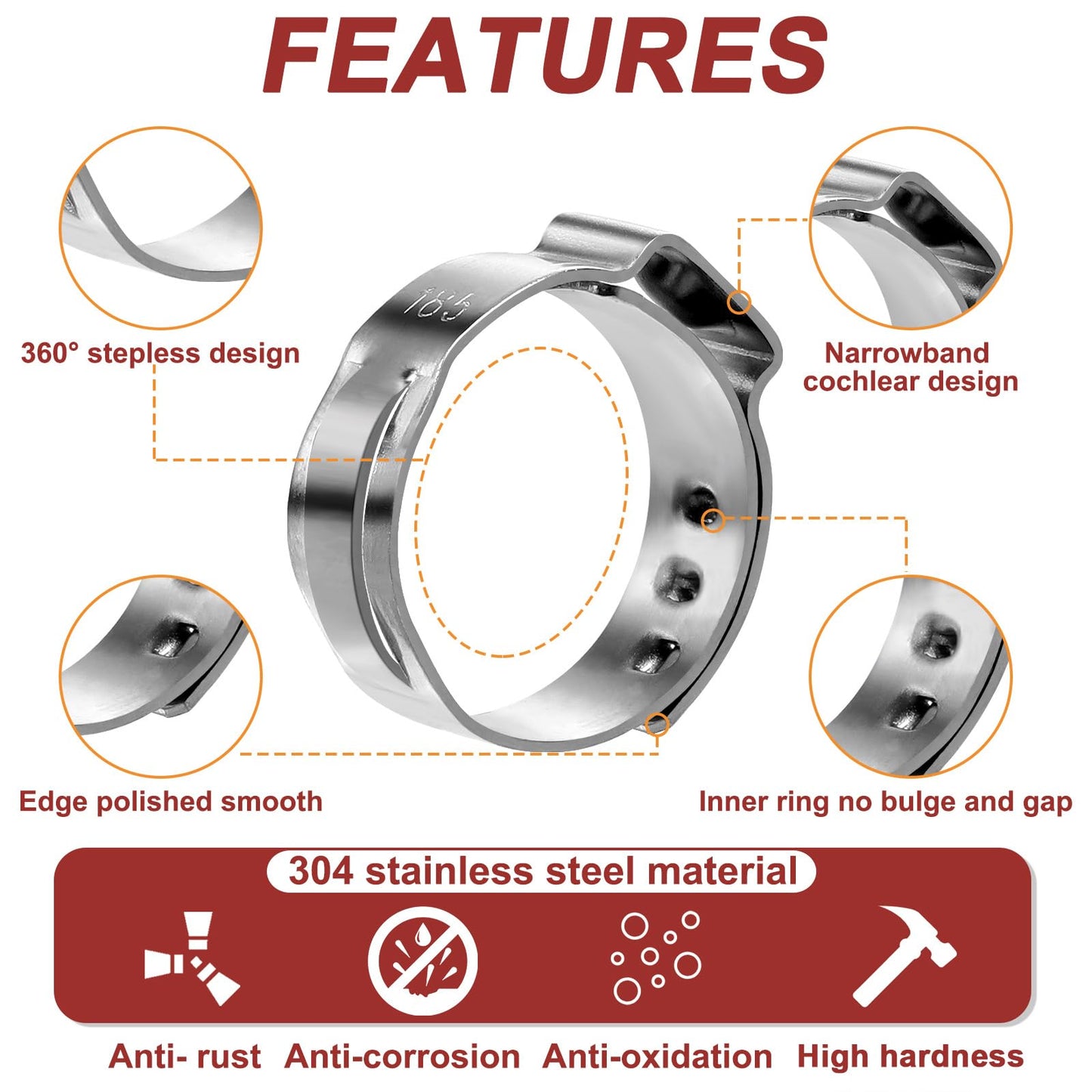 600PCS 22 Sizes Single Ear Hose Clamps, 5.3-33.1mm Crimp Hose Clamps 304 Stainless Steel, Ear Clamp Perfect for Automotive, Home Appliance Line, Pipe Hoses and Industry Use By Hydencamm