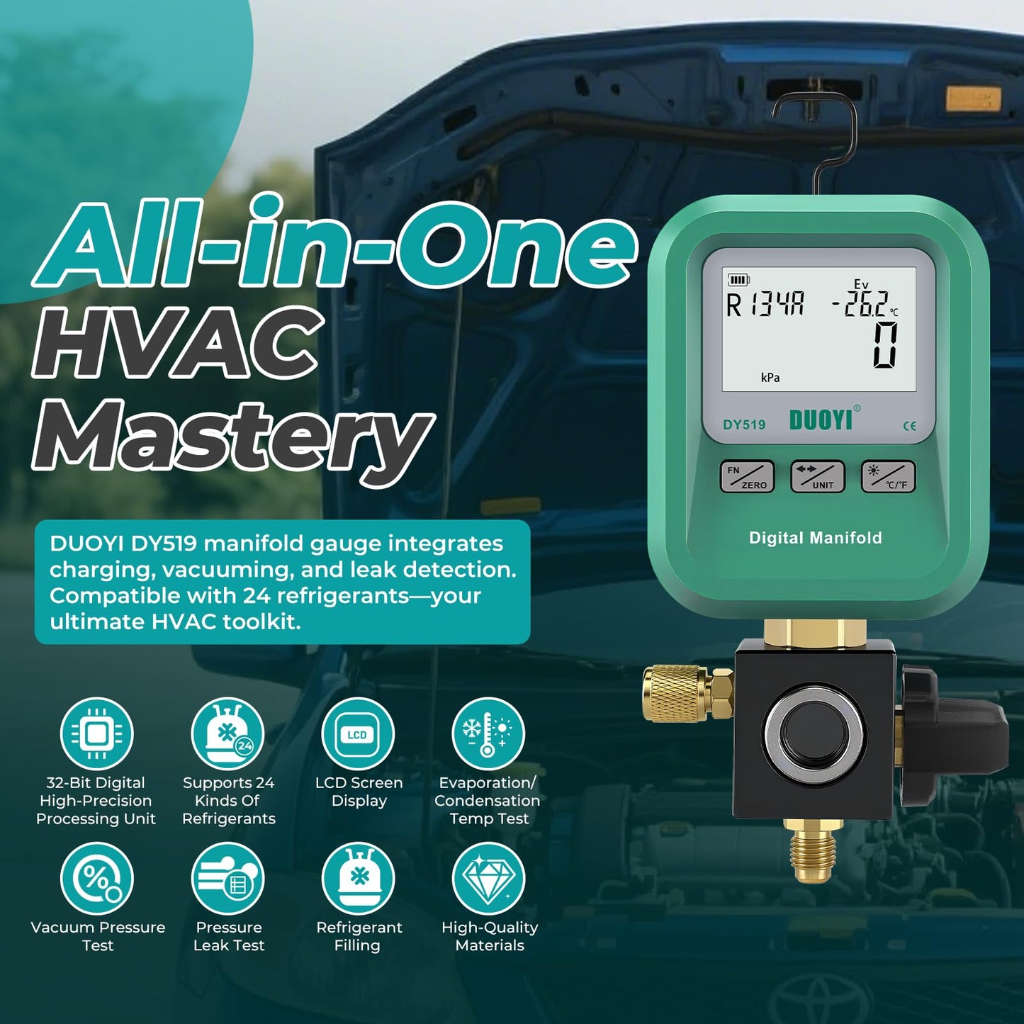 DUOYI DY519 3-in-1 HVAC Digital Manifold Gauge Refrigerant Charging, Vacuum Testing & Leak Detection 24 Refrigerant NIST Compatible High Precision Pressure Meter for AC Pros & DIYers
