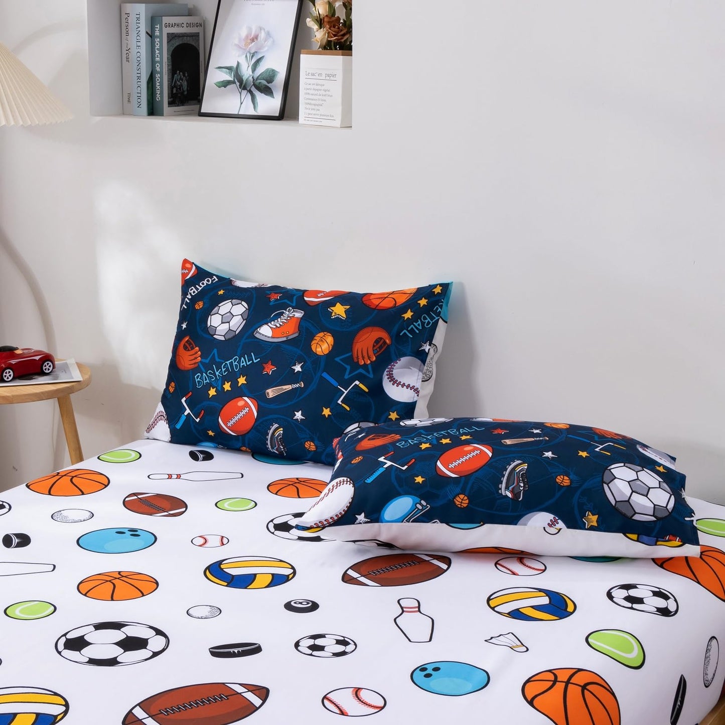 A Nice Night 6Pcs Bed in A Bag Twin Sports Microfiber Modern Comforter Set,Navy Rugby Ball Printed Bedding Collections,for Boys Kids Teen