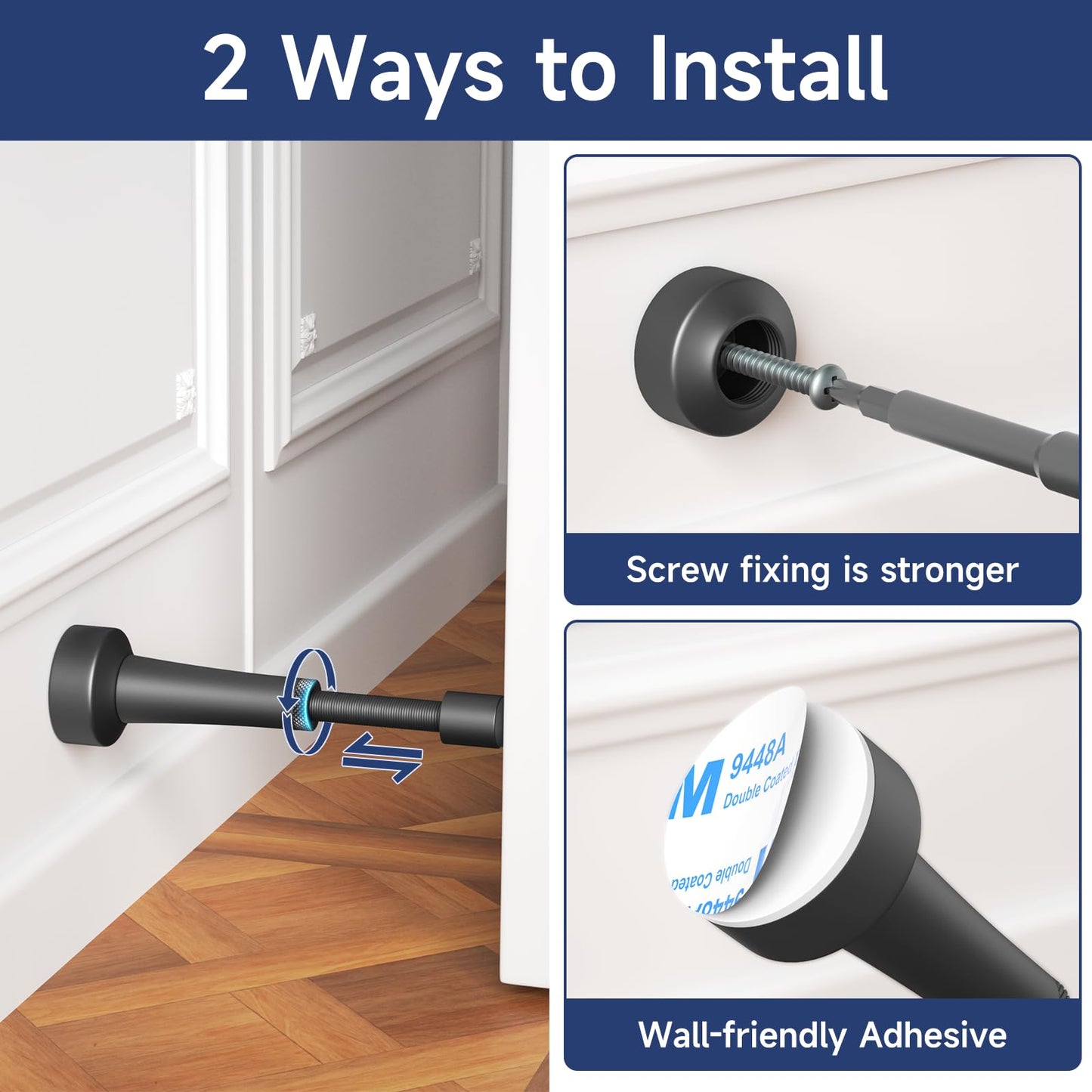 6Pcs Adjustable Door Stopper, 3.07-4.45in Aluminum Door Stoppers for Bottom of Door, Matte Black Door Stop for Wall with Silicone Tip, Screw & Adhesive Installation