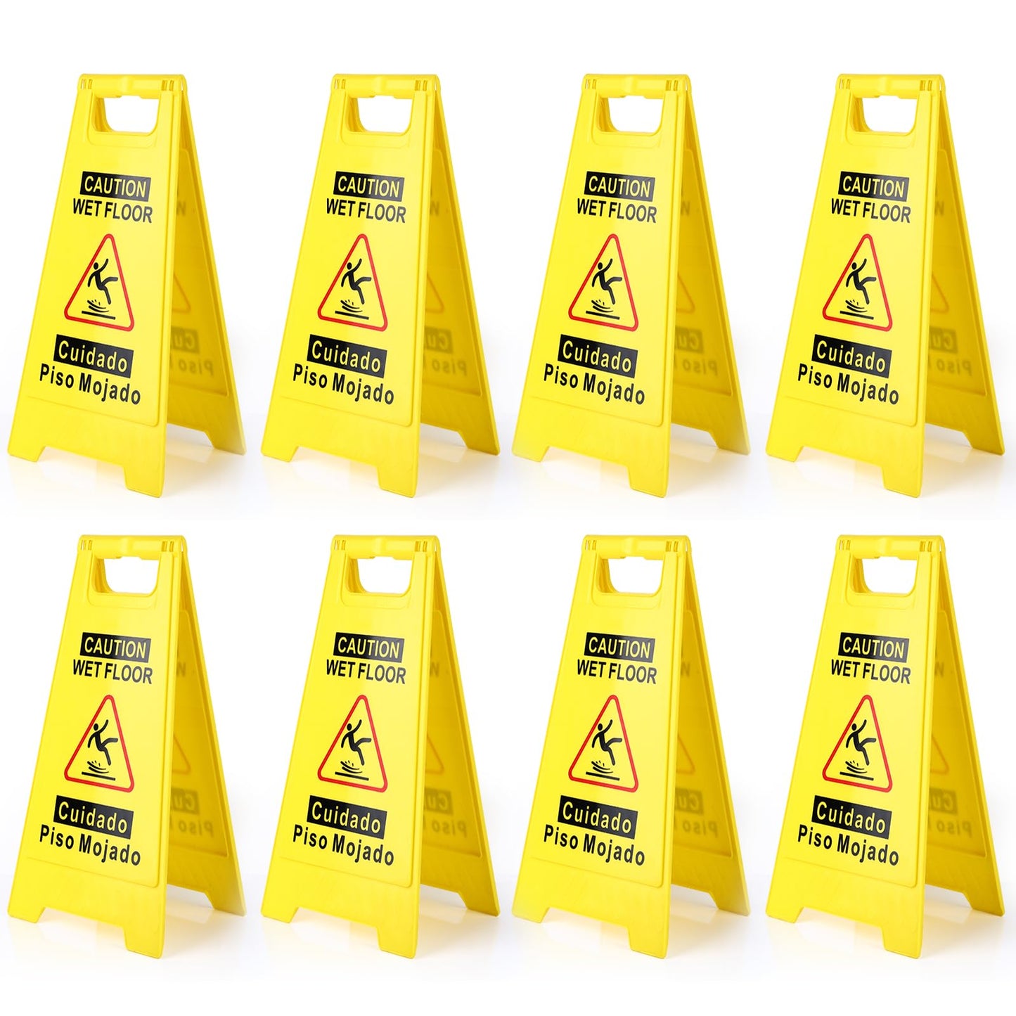 8-Pack Caution Wet Floor Sign,17.5" Height,Bright Yellow Double-Sided Folding A-Shaped Frame Design, Bilingual Caution Message