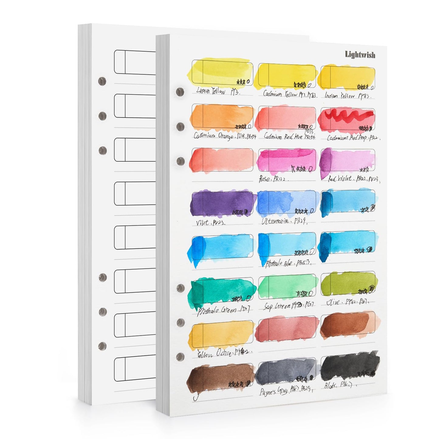 LIGHTWISH Watercolor Swatch Paper Bulk - 100% Cotton Hot Press 300gsm/140lb, 2 Pack, Total 40 Sheets 24 Spaces A5 Hole-Punched Replaceable Paper for Watercolor, Gouache, Oil Pastels,5.8 * 8.2 Inches