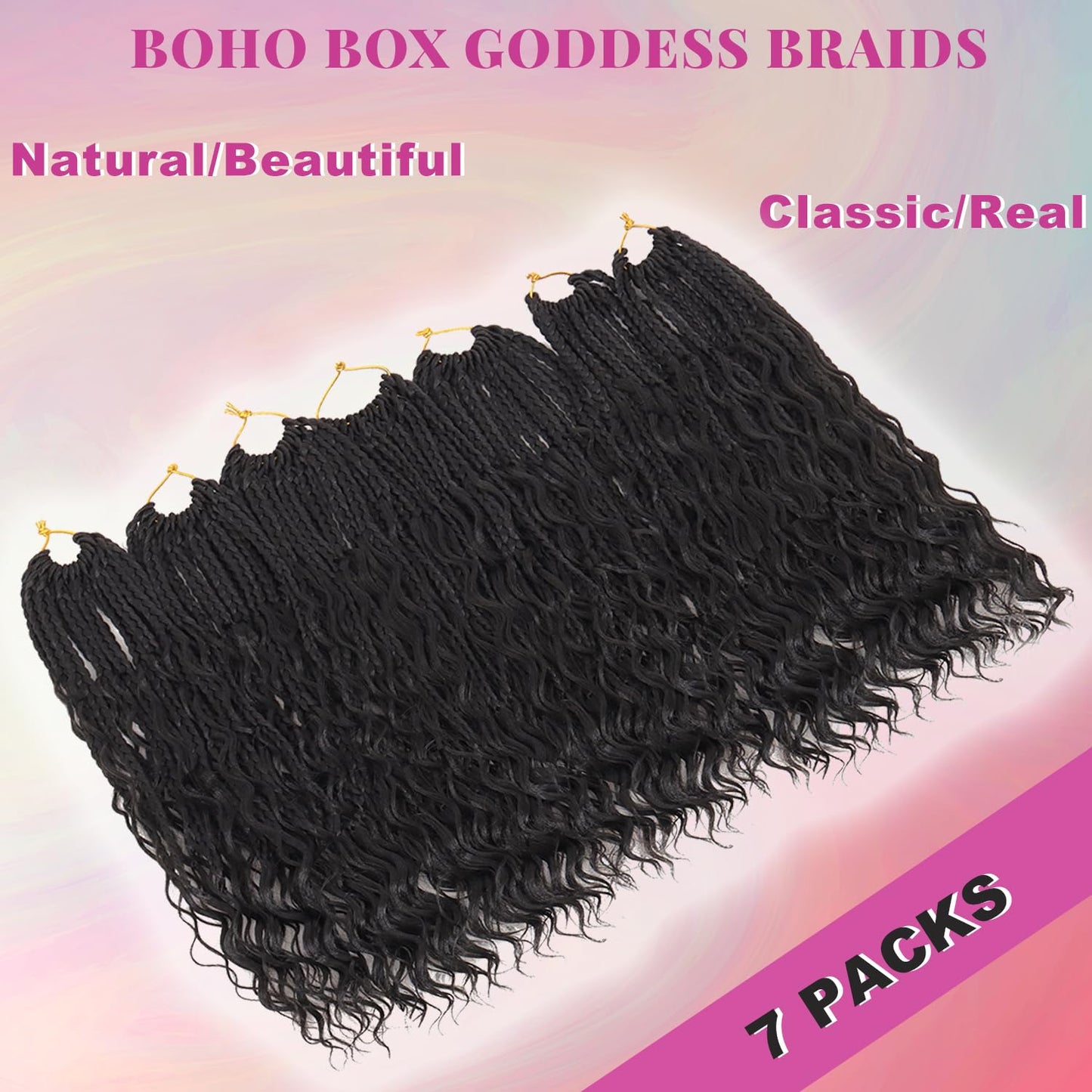 14 Inch Boho Box Braids Crochet Hair Bohomian Crochet Box Braids Curly Ends 7 Packs Pre Looped Goddess Box Braids Crochet Hair for Women, 1B