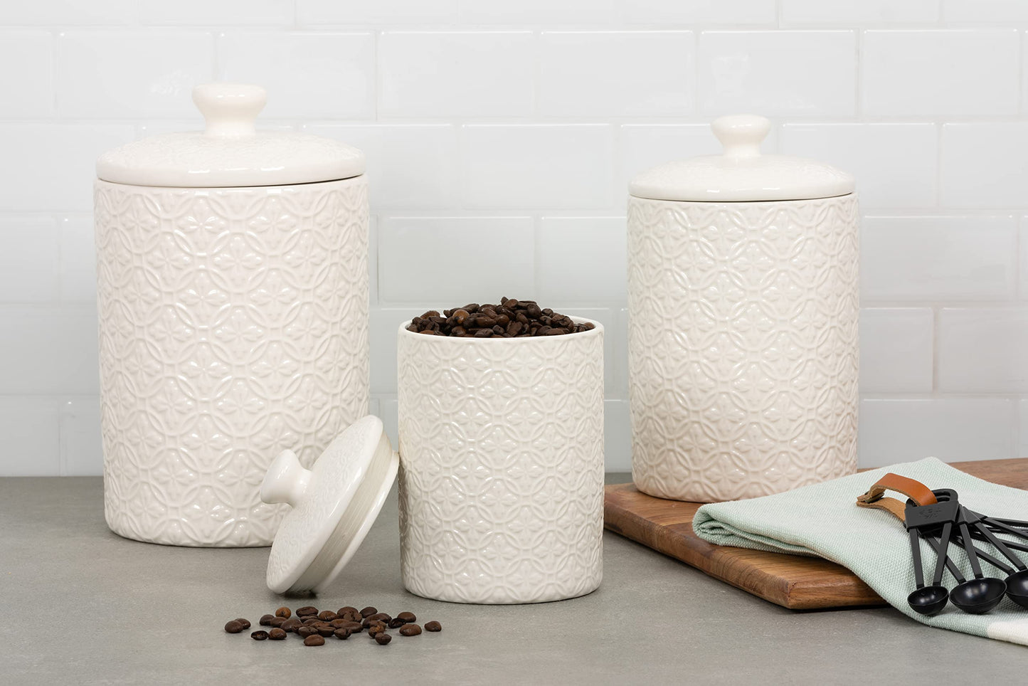 10 Strawberry Street CAN-HMPTN-WHT Kitchen Canister Set, 3 Piece, Hampton White