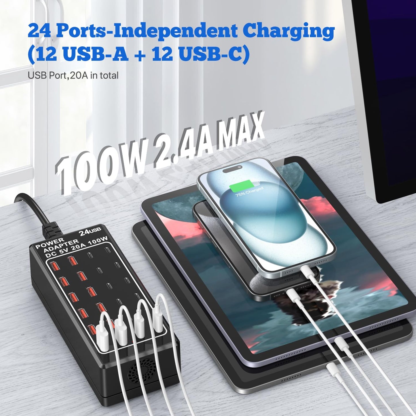 USB Charger, USB C Charger Block, 100W (20A) 24 Port Multiple USB Charger Station Desktop USB Wall Charger 12 USB C 12 USB A Compatible for Apple iPhone, iPad, Samsung Galaxy, Laptop, Pixel, Phones