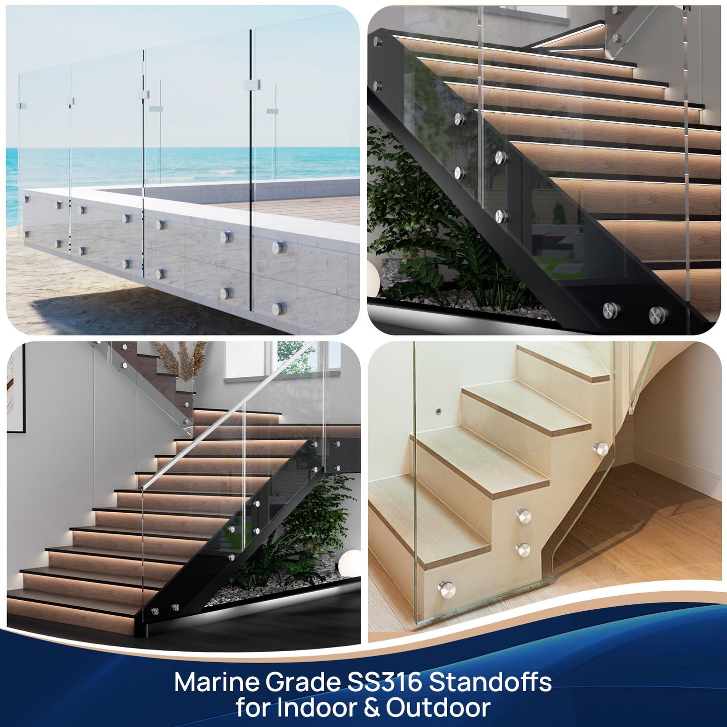12 Pack LukLoy SS316 Heavy Duty Glass Railing Standoff Hardware for Balcony Stair Balustrade Glass, 2" Stair Glass Railing Standoffs Pins (Marine Grade)