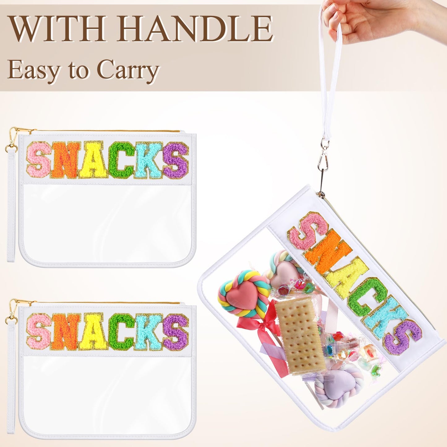 Abbylike 12 Pcs Snack Bags Clear Chenille Letter Snacks Zipper Pouch Waterproof PVC Large Travel Makeup Cosmetic Storage Organizer Bag for Mom Team Cheerleaders Teacher (White)