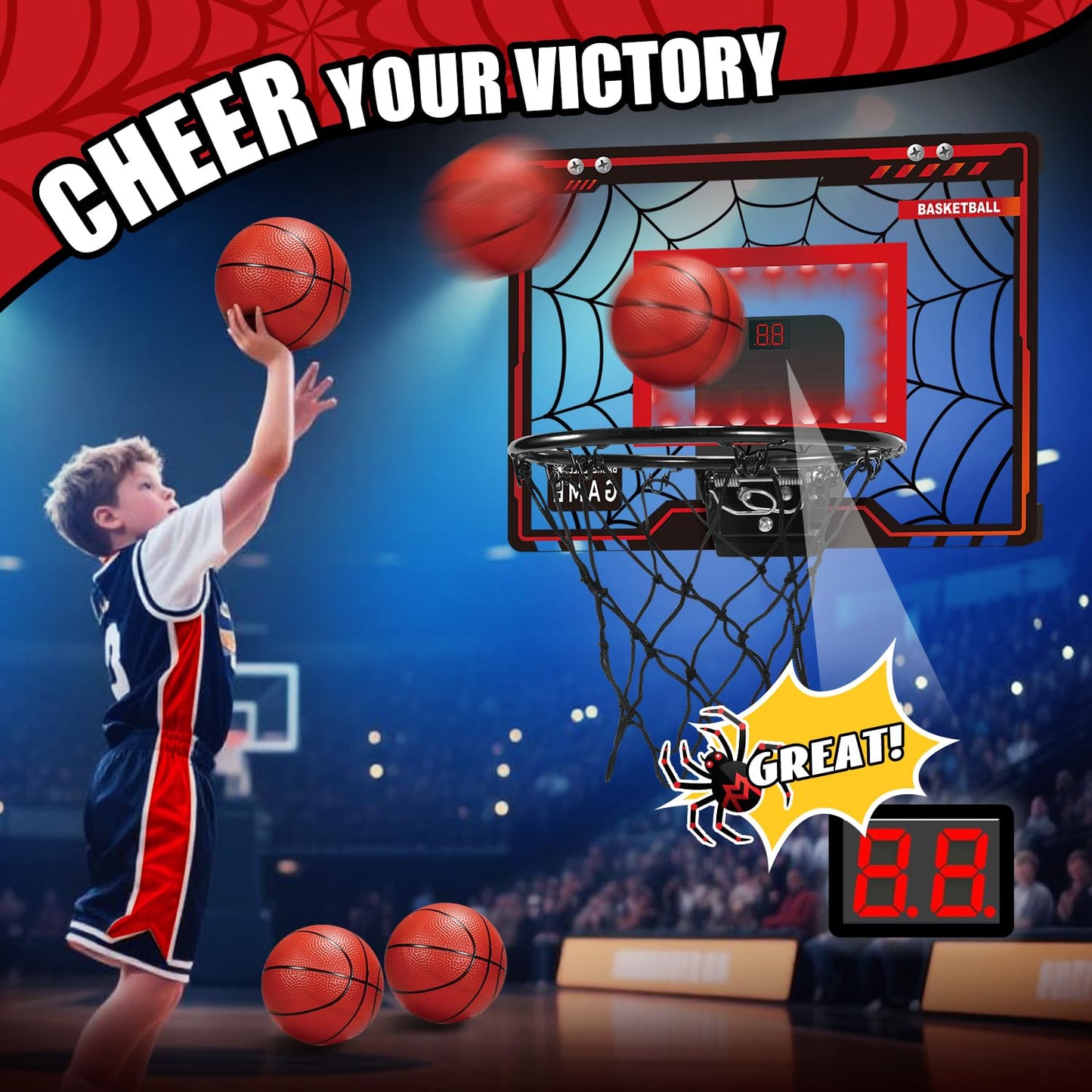 Basketball Hoop Indoor, Mini Basketball Hoop for Boys and Adults with Cool LED Lights Boys Gifts Basketball Toys Gifts Room Accessories for Teen Boy 8 9 10 11 12