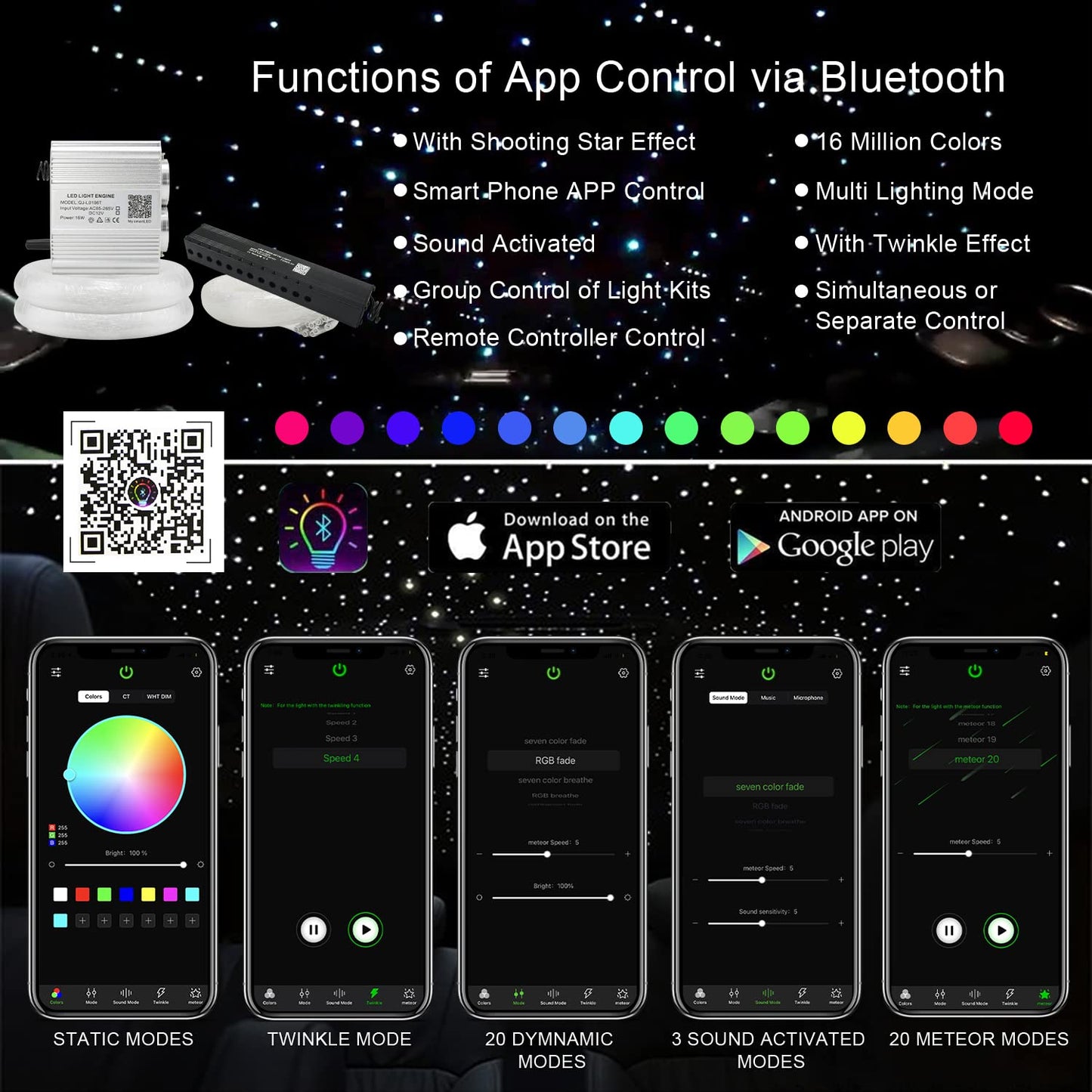 AKEPO Upgraded 16W Dual Head+Twinkle+Shooting Star Fiber Optic Lights Kit, Car Home Use RGBW Star Ceiling Sky Light APP Meteor Music Activated Light Engine+ 920pcs of Mixed Diameter Fibers 9.8ft/3m