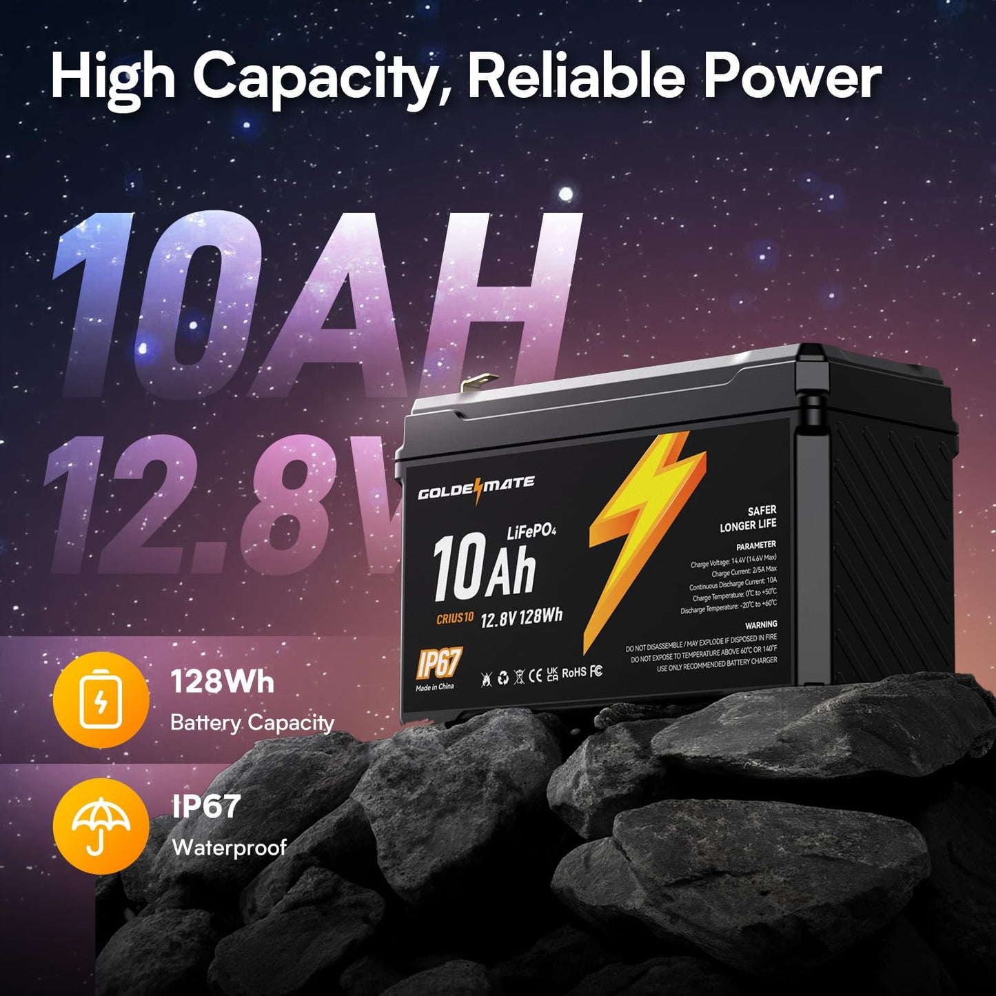 GOLDENMATE 12V 10Ah LiFePO4 Lithium Battery(2 Packs), 5000+ Deep Cycles, IP67 Waterproof Lithium Iron Phosphate Battery, Built-in BMS, Ideal for Power Wheels, Solar, Marine, Fish Finder, Ride-on Toy