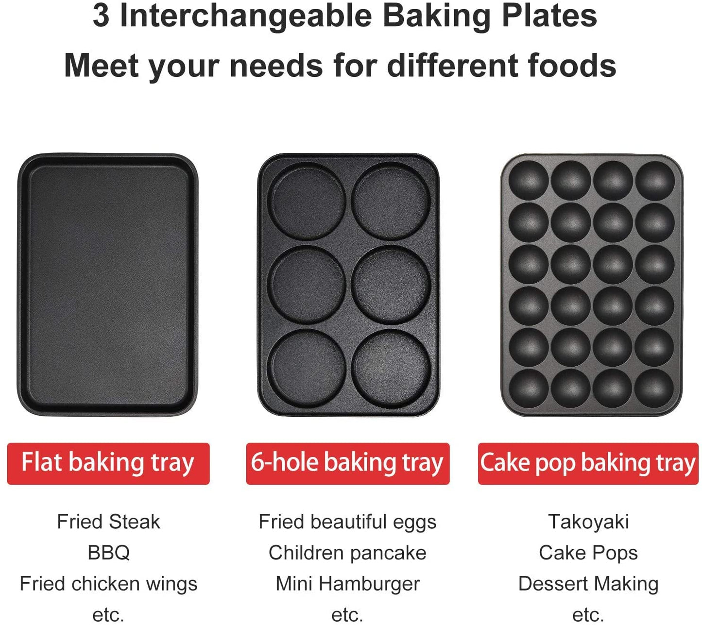 Health and Home Multifunction Nonstick Baking Maker with 3 Interchangeable Baking Plates for Fried Eggs, Fried Steak, Takoyaki, Cake Pops, Grill Maker, RED-1