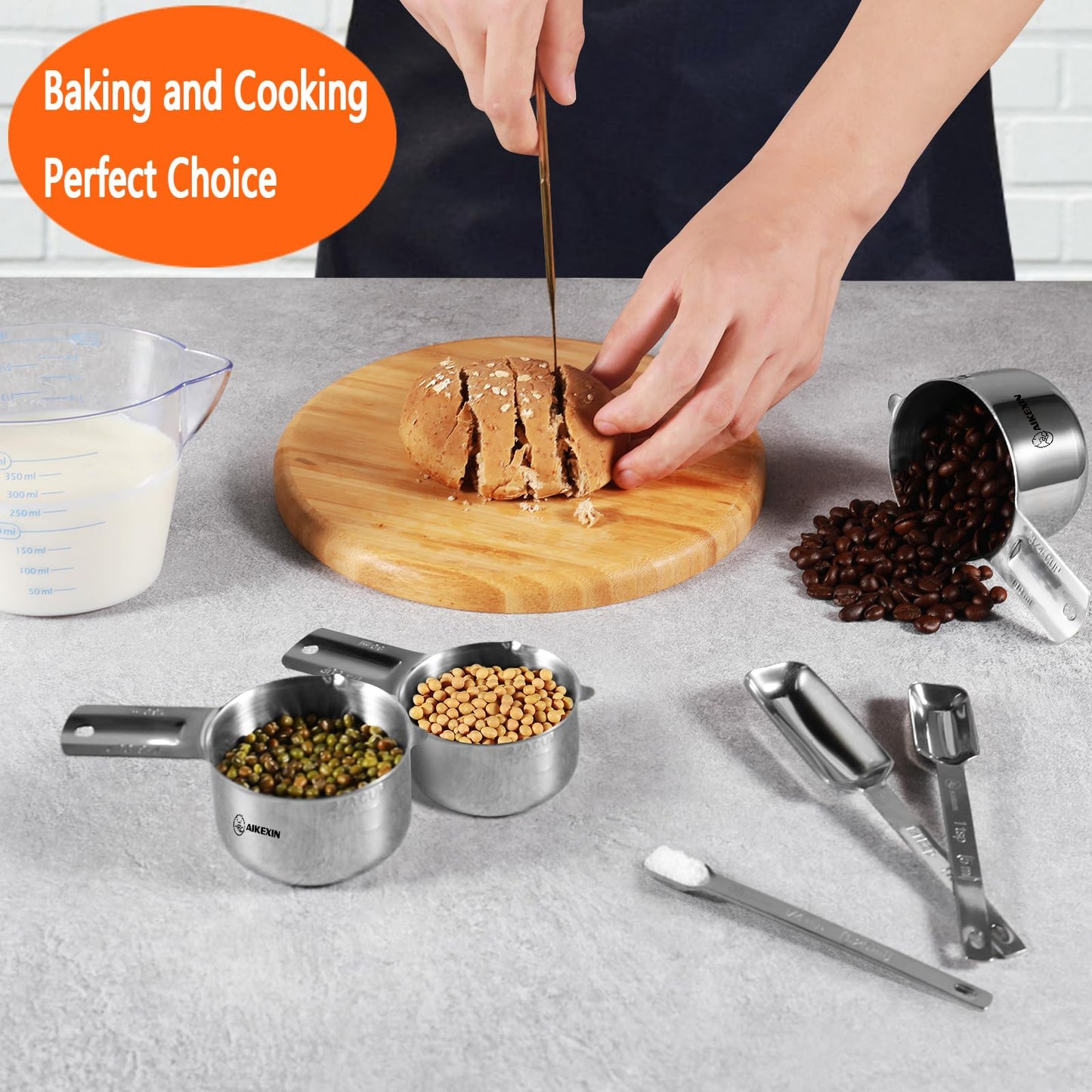 AIKEXIN Measuring Cups and Spoons Set of 20 - Stackable Stainless Steel Measuring Cups Spoons & Plastic Measuring Cup for Dry and Liquid Ingredients, Cooking & Baking Kitchen Gadgets