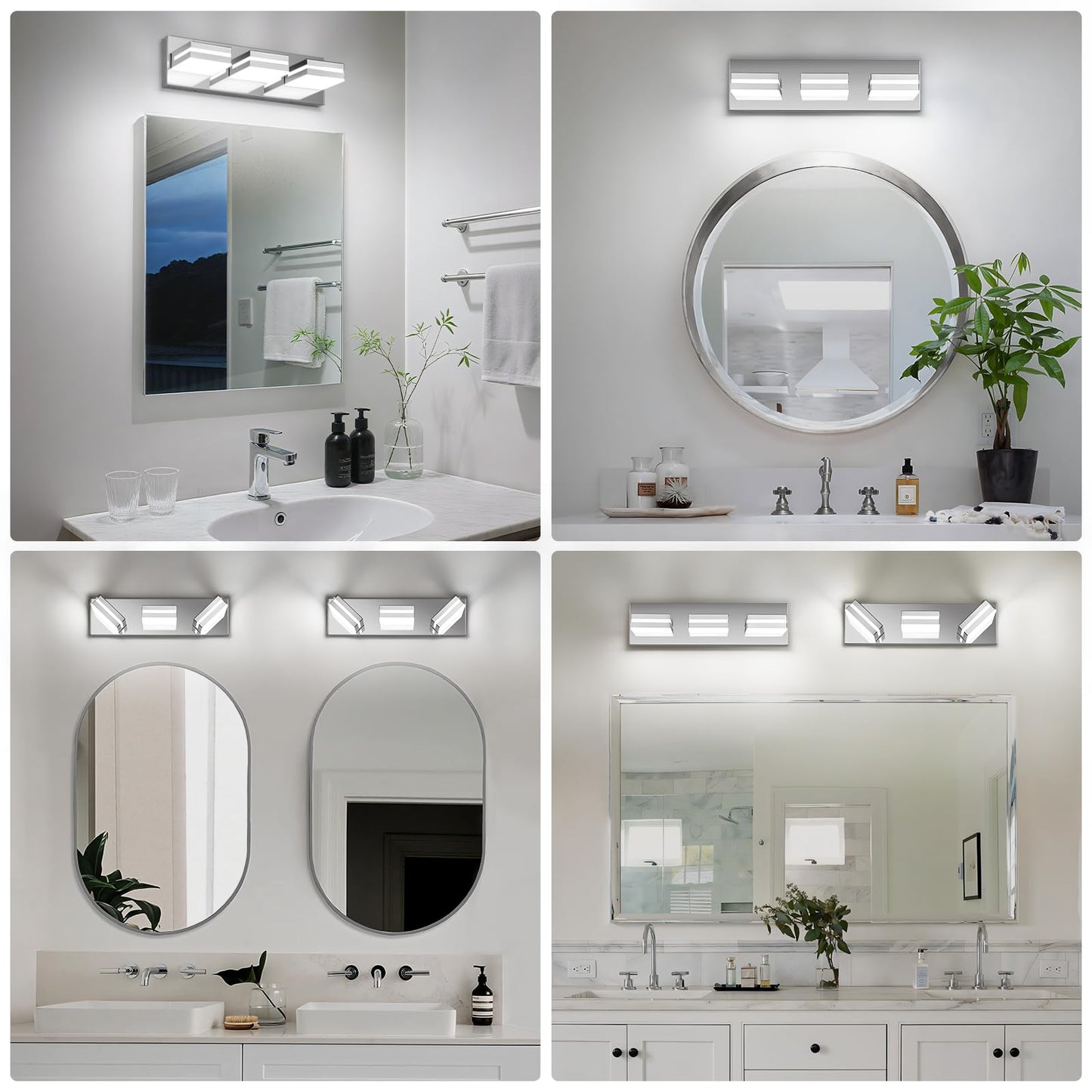 JZEKVN Modern LED Small Bathroom Lights Fixtures 3-Light,Stainless Steel Chrome Acrylic Wall Lighting,Vanity Lights for Bathroom Over Mirror 6000K 16in