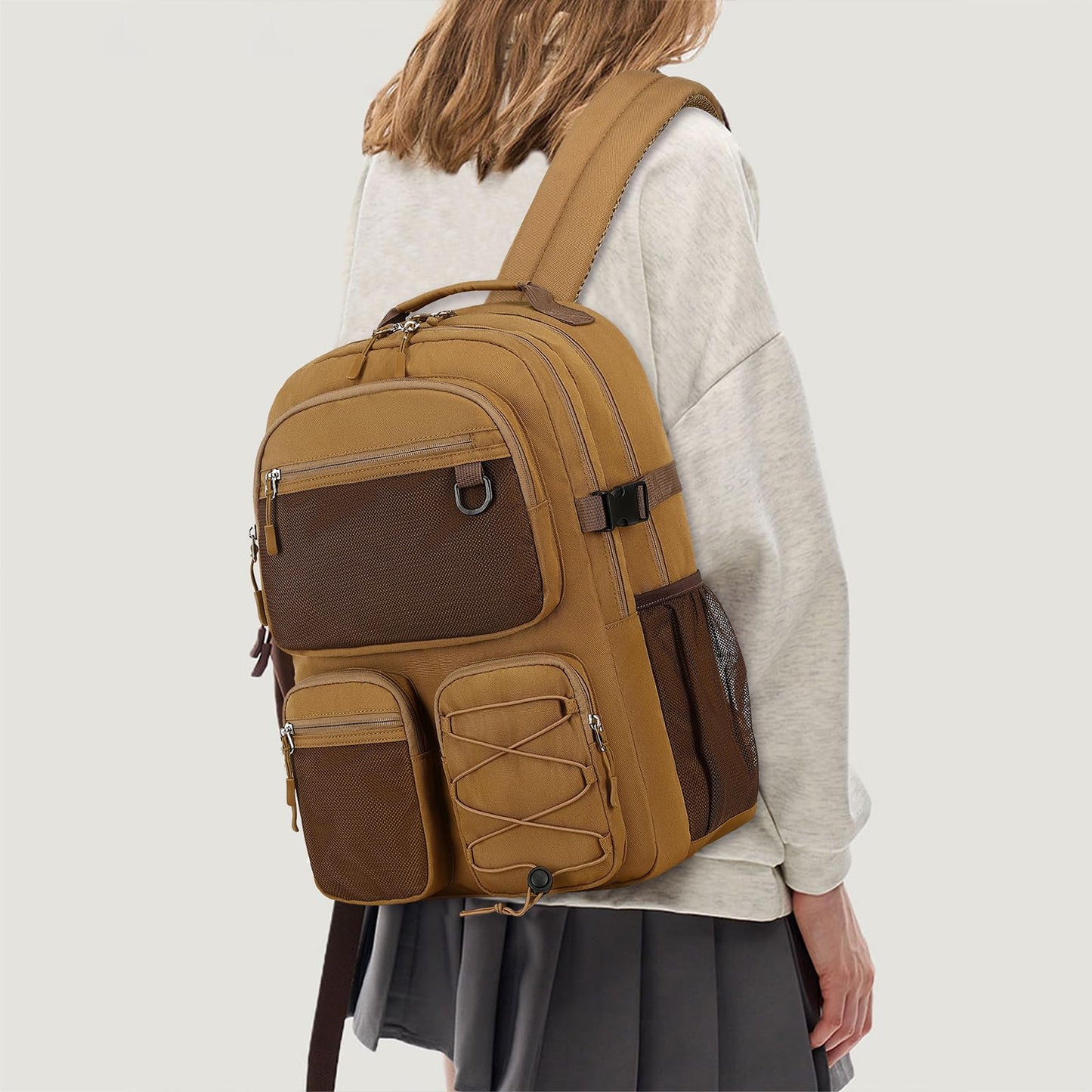 Lohol Water Resistant Daypack with Mulitiple Pockets for Travel Outdoor College, 15.6 inch Laptop Backpack for Men and Women (Brown)