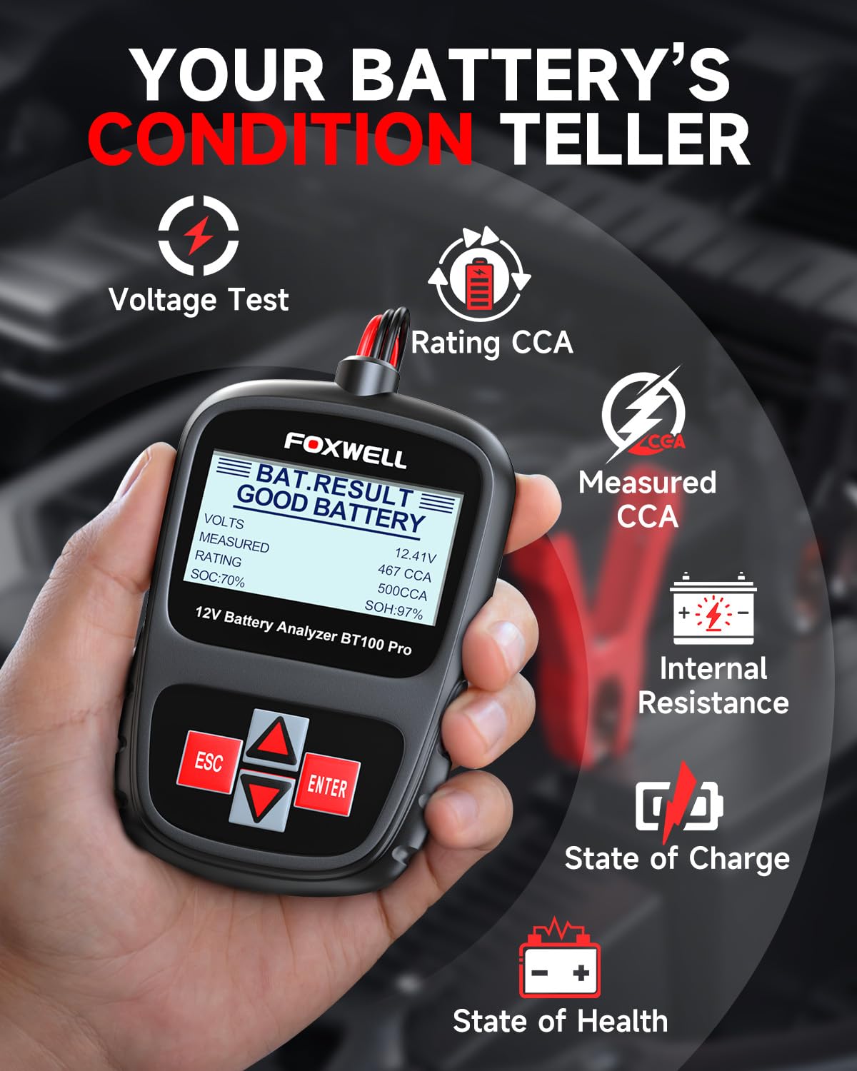 FOXWELL BT100 Pro 12V Car Battery Tester, Battery Load Tester, 100-1100CCA Automotive Alternator Tester Digital Auto Battery Analyzer for Car Truck Motorcycle SUV, Boat, Marine, RV & Pickup