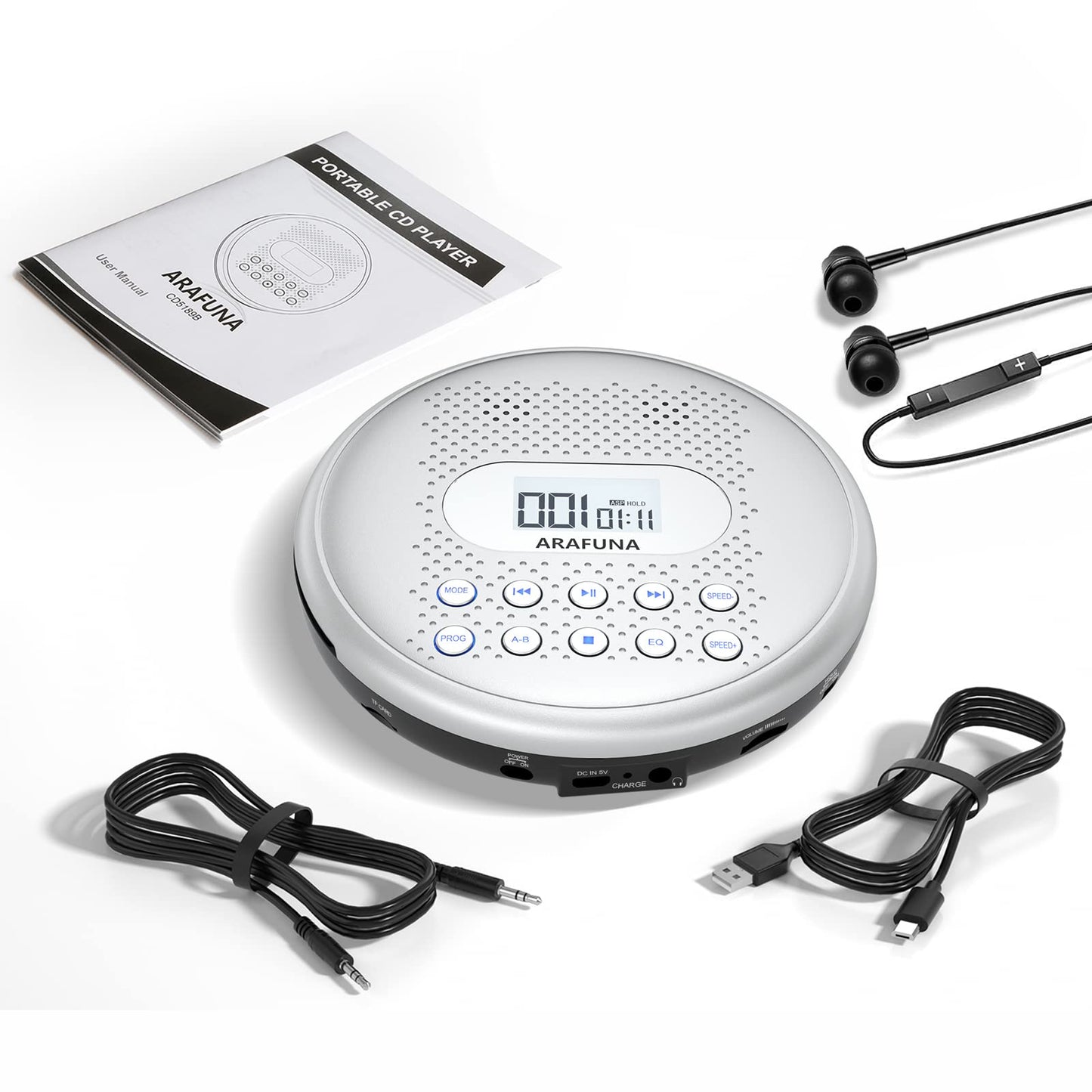 ARAFUNA CD Player Portable, Rechargeable Portable CD Players for Car with Speakers, Anti-Skip Walkman CD Player with Backlit Button, LCD Display and AUX Cable