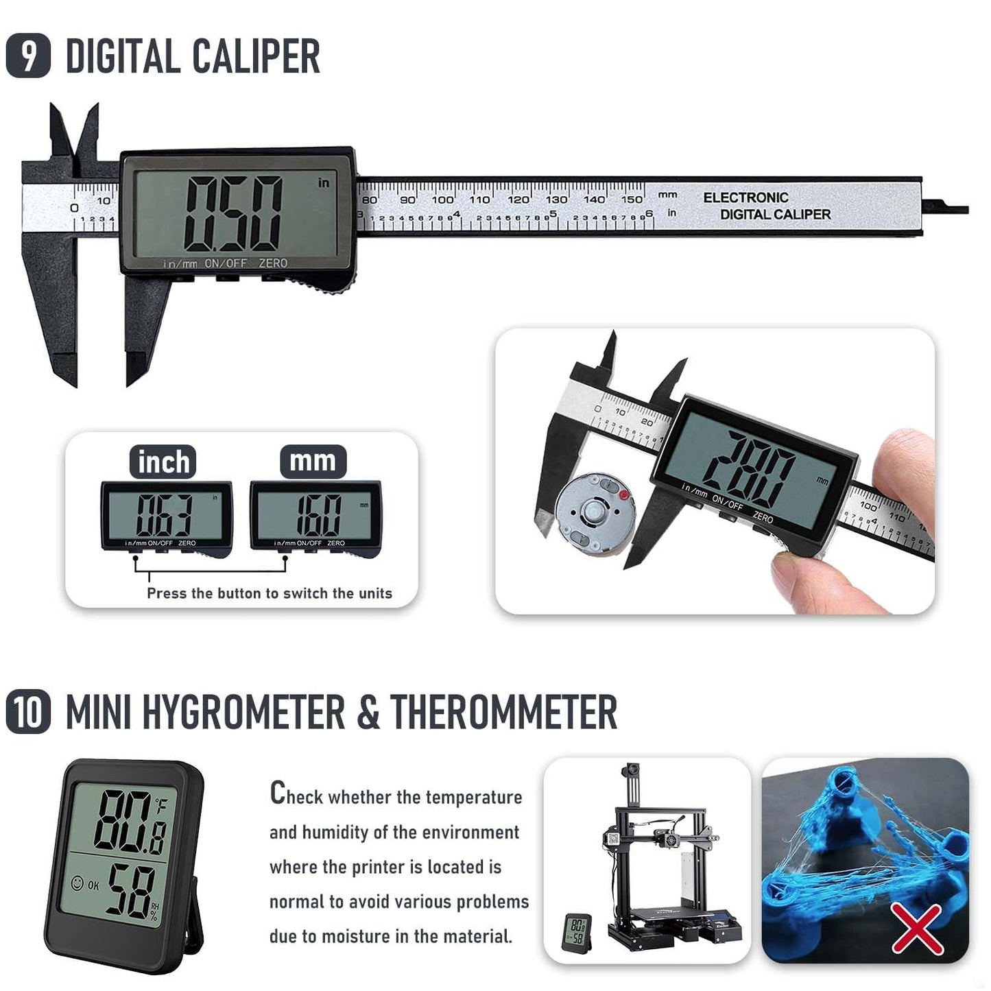 3D Printer Tool Kit Essential 3D Printer Tools for Removing, Smoothing, Finishing, Deburring, Craving, Drilling 3D Printer Accessories for Bambu Lab, Ender3-Measuring Tool Kit-Beginner