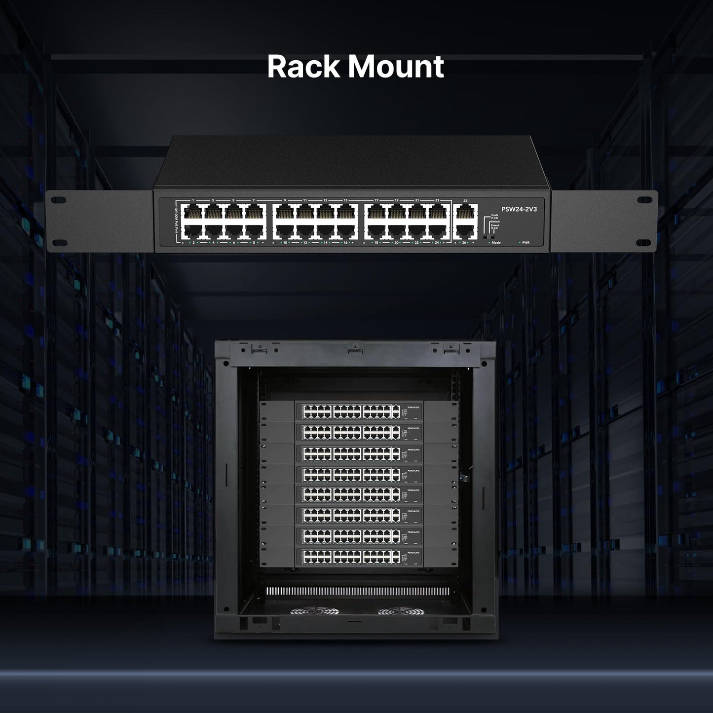 24 Port PoE Switch,10/100Mbps PoE+ Ethernet Switch Unmanaged with 2 Gigabit Uplink Ports, Up to 30W Per Port, Total Budget 280W, 802.3af/at Compliant, Fanless Silent, Rack Mount