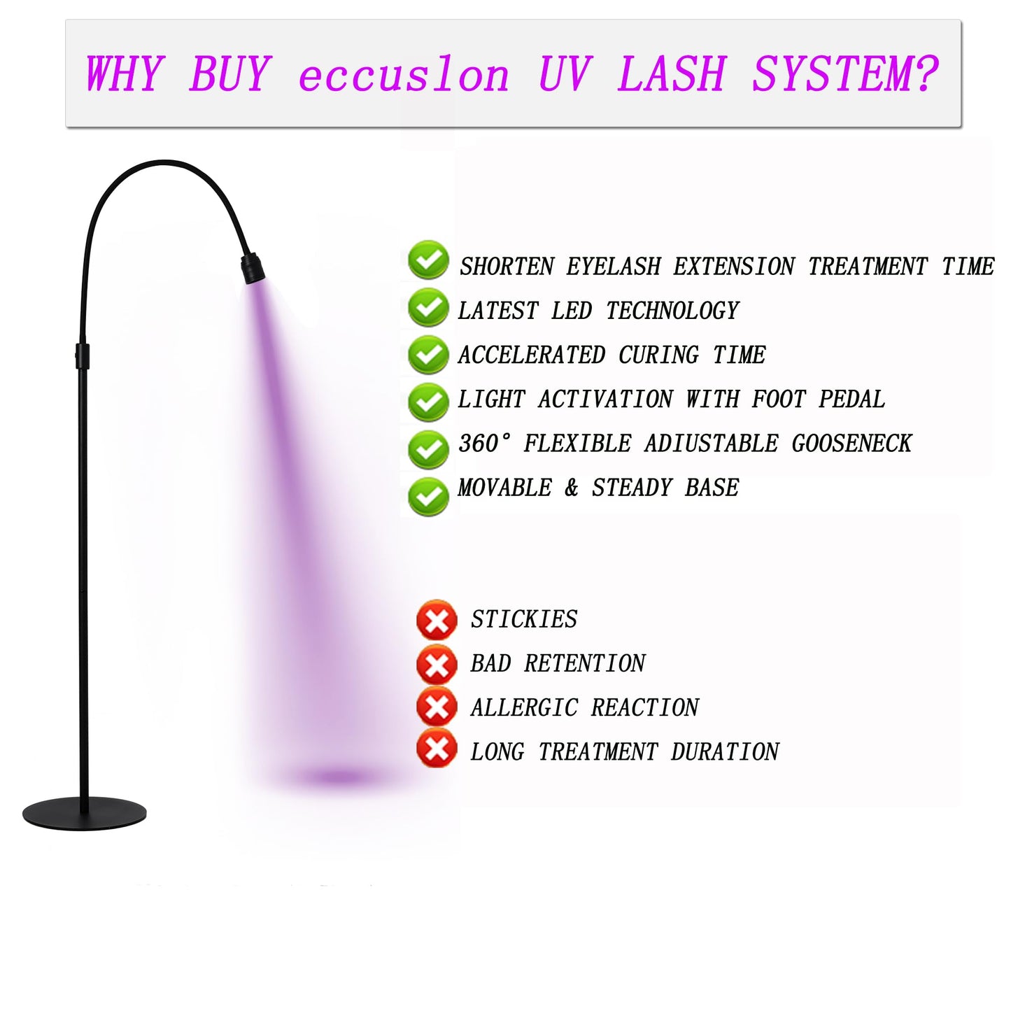 12W UV Lash Light with Foot Pedal, Rapid Dry in 2 Seconds Lash Lamp for Eyelash Extension Grafting Eyebrow Beauty Salon, Adjustable Angle and Light Spot Size, Lash Light for Eyelash Tech (White)