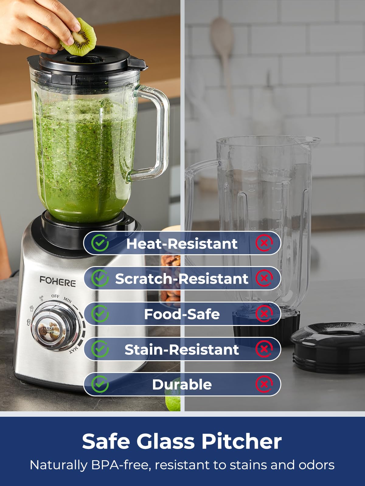 FOHERE Professional Blender Peak 1300W, Countertop Blender with 3 Presets& 5 Speeds for Smoothies, Shakes, and Frozen Drinks, 50 Oz Glass Jar &20 Oz Tritan Jug