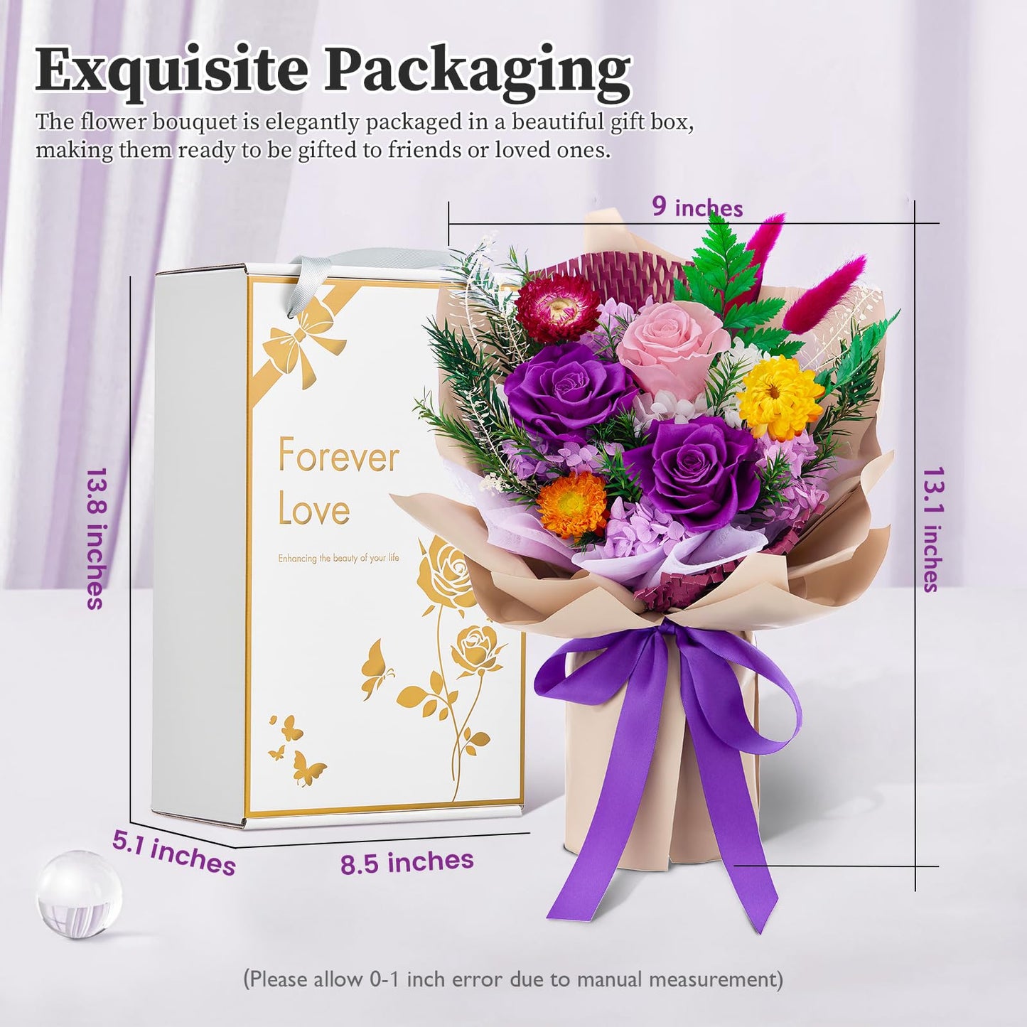 Flomoon Forever Flowers Gifts for Her, Preserved Flowers Bouquet Birthday Gifts for Women, Preserved Roses for Grandma Wife Anniversary Valentine's Day Mother's Day (Purple Paper)