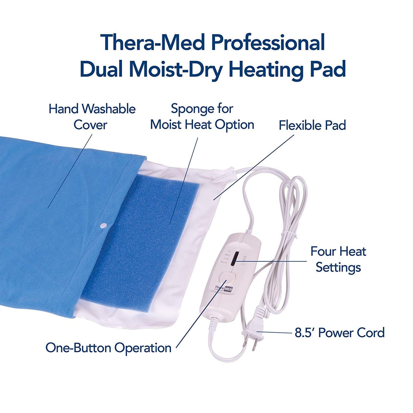 Thera-Med Professional HP1224 Electric Heating Pad and Moist Heating Pad with Auto Shut Off, 12" Width, 24" Length, Blue
