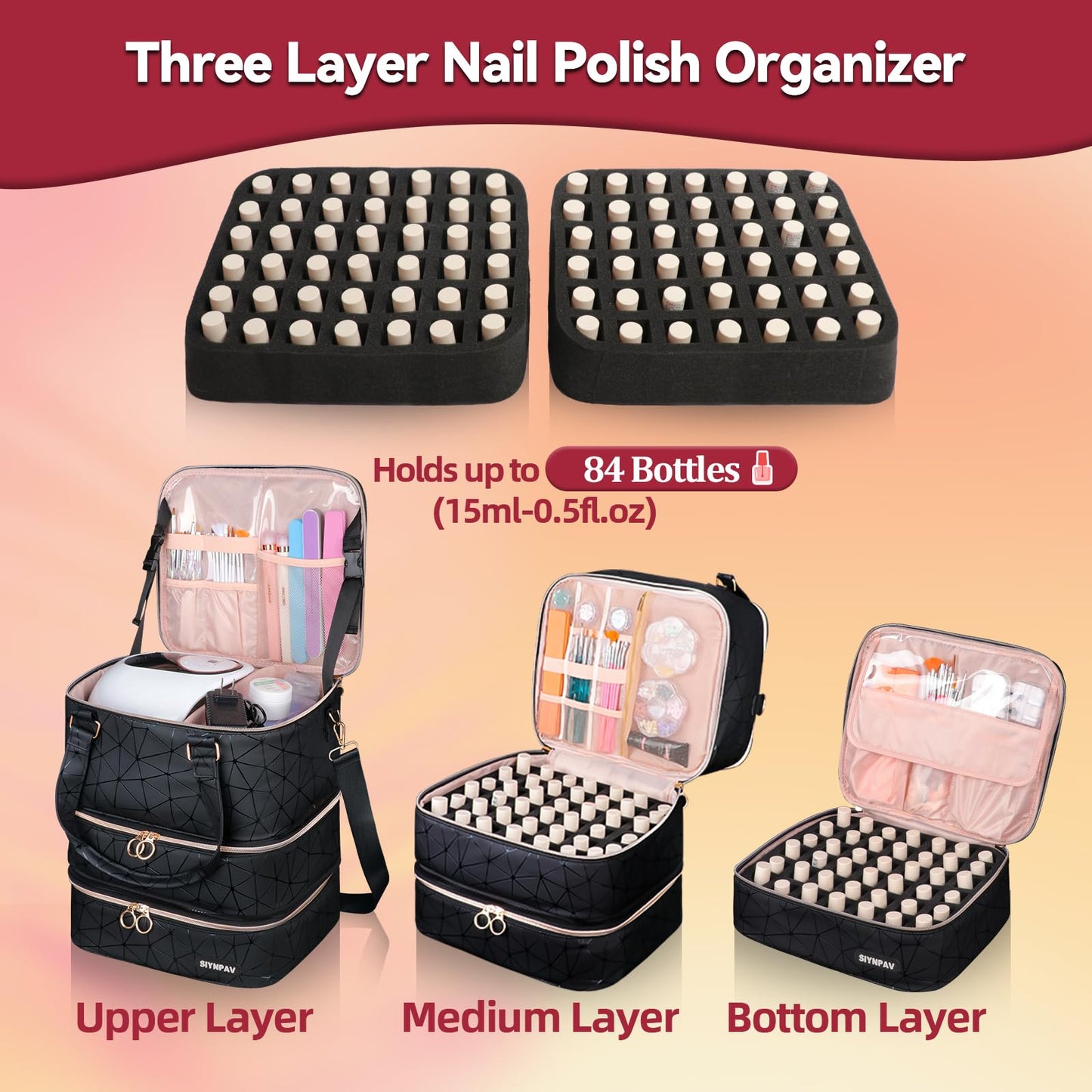SIYNPAV Nail Polish Organizer Bag Holds 84 Bottles (15ml/0.5fl.oz)& Nail Lamp, 3 Layers Detachable Nail Kit Storage Case PU Leather, Large Travel Nail Supplies Shoulder Bag for Manicure Tools (Black)