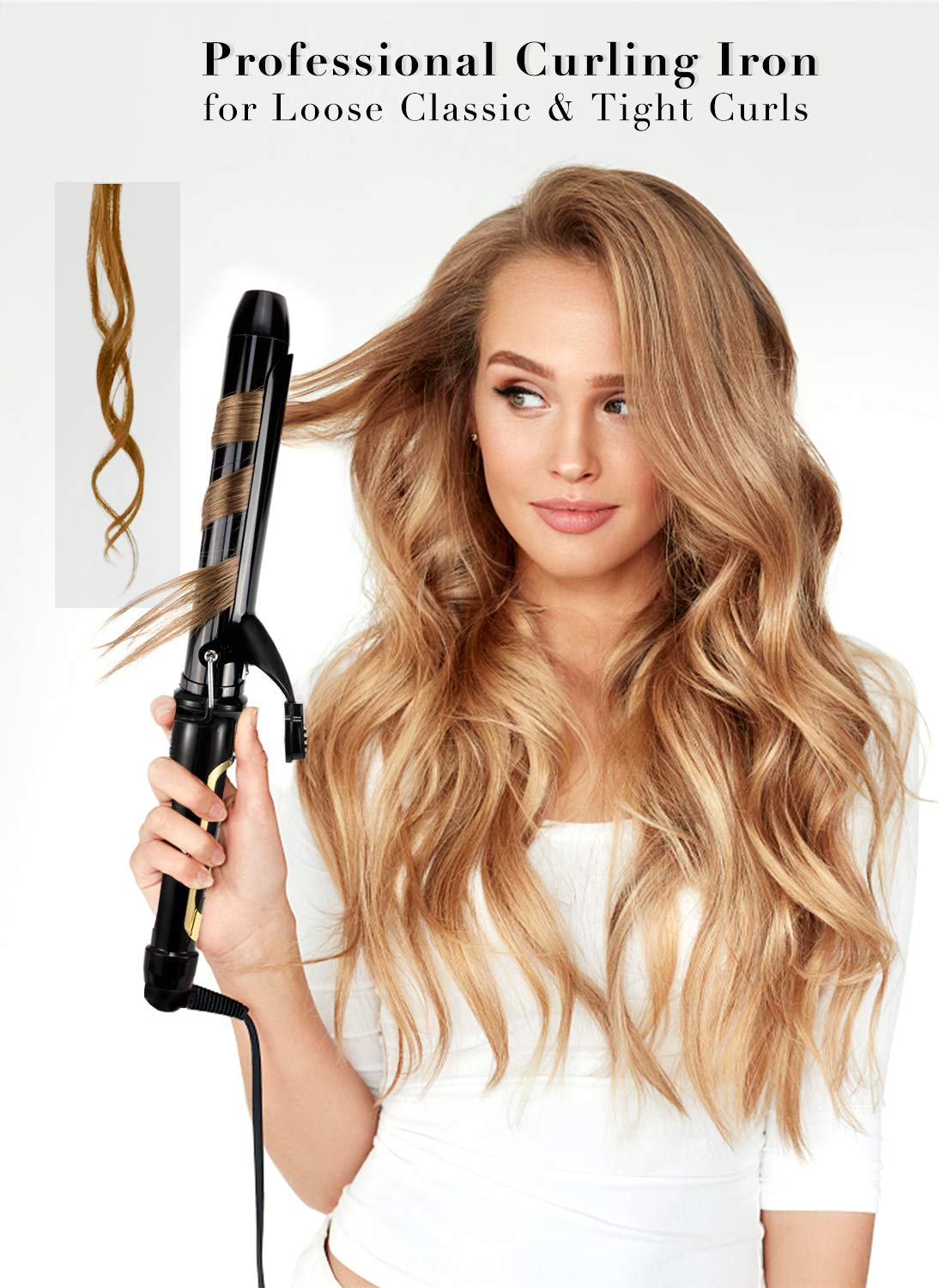 Lanvier 1.25 Inch Clipped Curling Iron with Extra Long Tourmaline Ceramic Barrel, Professional 1 1/4 Inch Hair Curler up to 450°F Dual Voltage for Traveling, Hair Waving Style Tool–Black