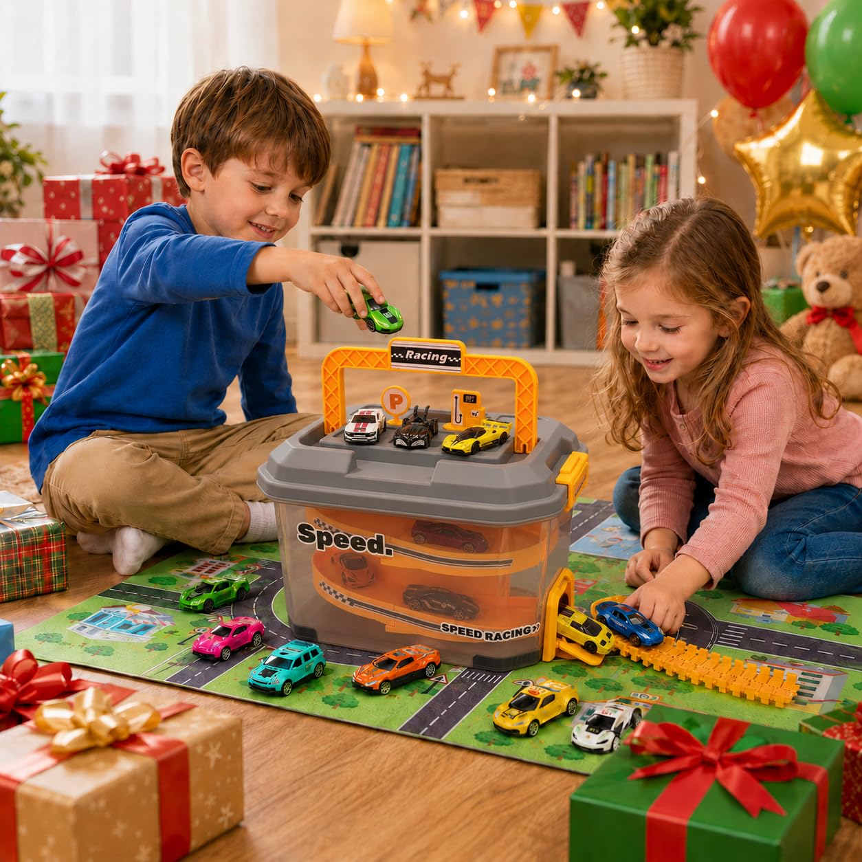 Toy Car Track Storage Playset - Toddler Toys for Ages 2-4, Toy Car Set with 12 Diecast Cars, PlayMat, Race Tracks, Car Ramp, Kids Birthyday Gift for 1 2 3 4 5 Year Old Boys