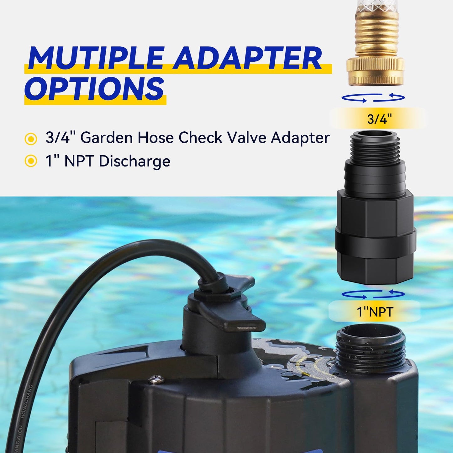 Acquaer 1/4 HP Automatic Sump Pump, 115V Submersible Water Pump with 3/4” Garden Hose Check Valve Adapter,1980 GPH High Flow Water Removal for Swimming Pool Cover Hot Tubs Flooded House Basement