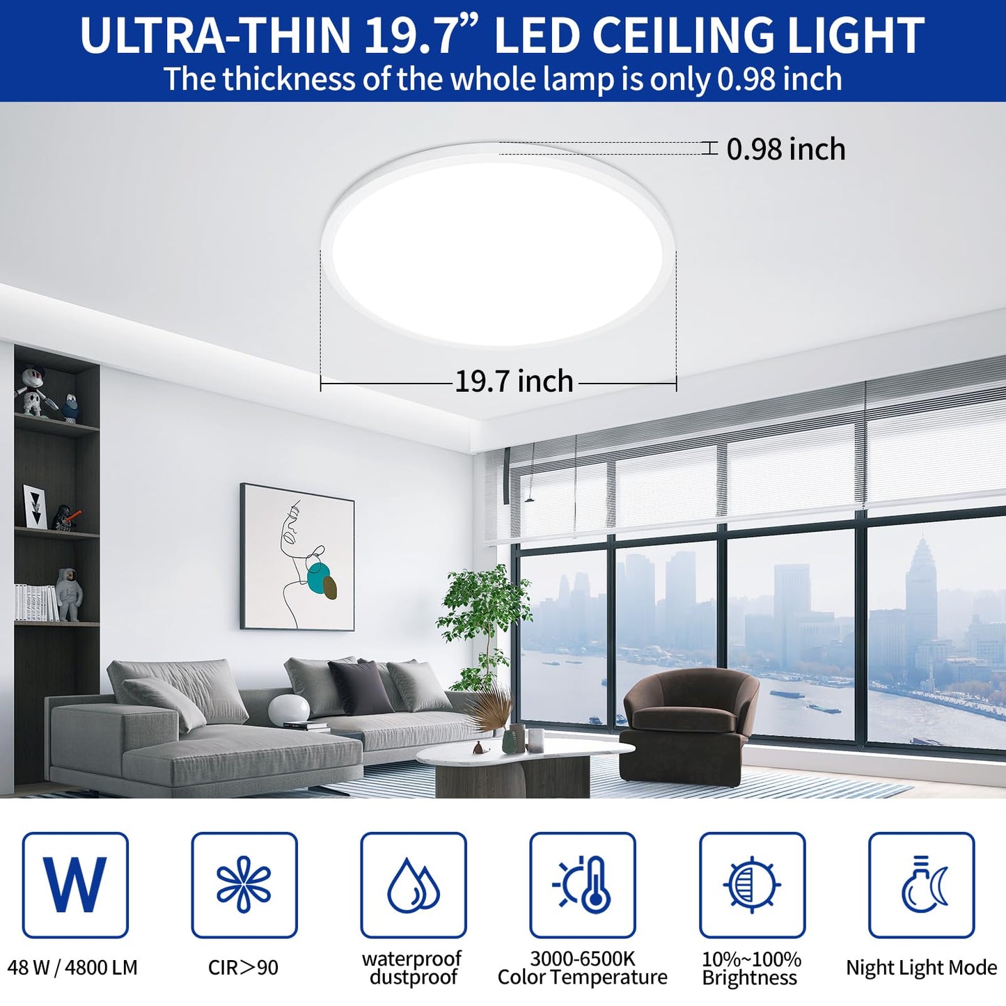 Glowall Modern 20'' Led Ceiling Light Fixture, Ultra Thin Flush Mount, Dimmable with Remote Control, 48W 4800Lumen, White, for Bedroom, Living Room, Kitchen, Dining Room, Home Office