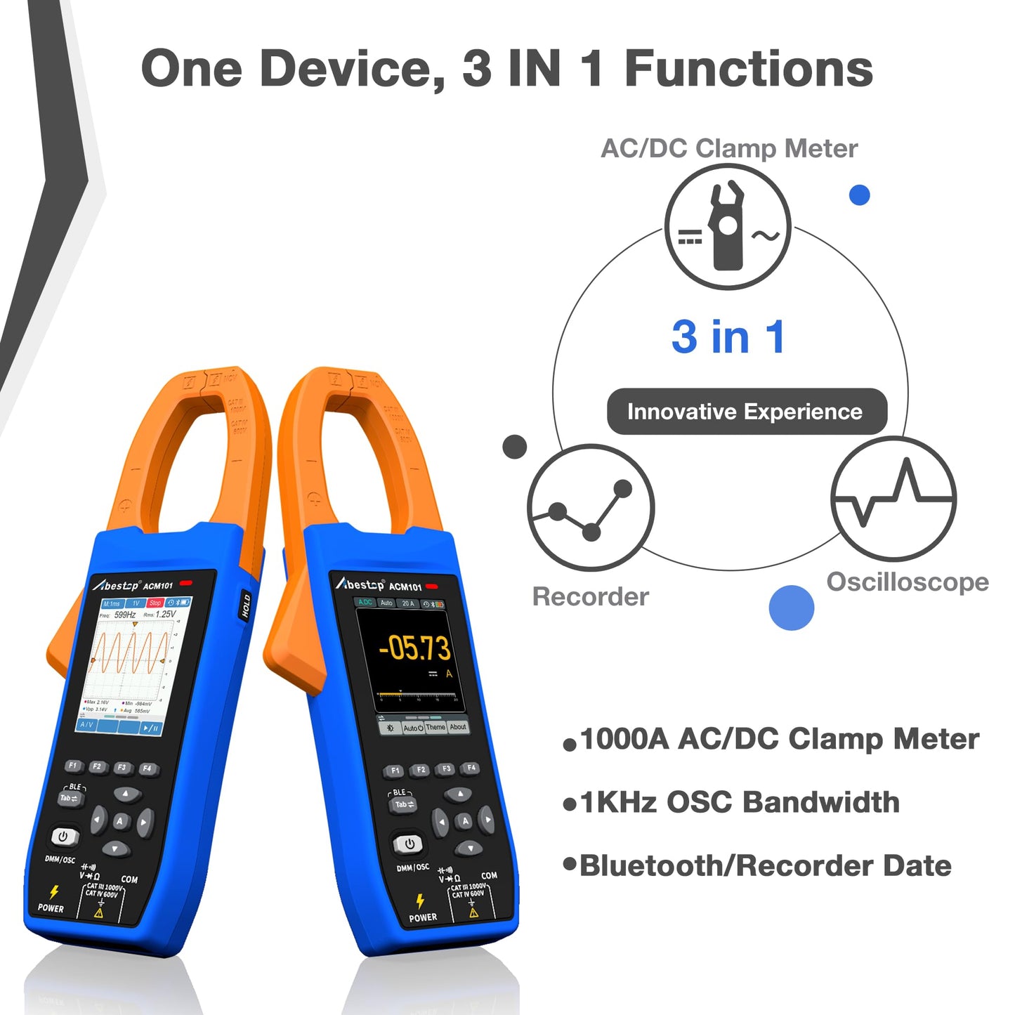 ACM101 Abestop Clamp Meter 1000A Smart 3 in 1 AC/DC Current Clamp with 2.8 inch IPS LCD Display OSC + Record Function