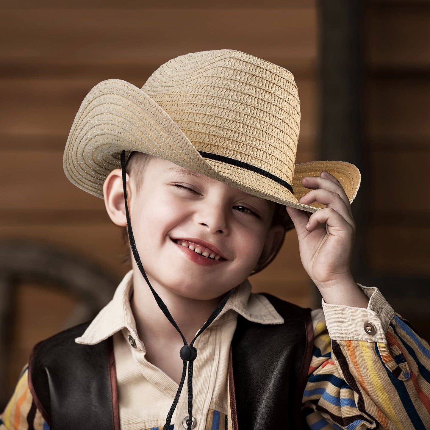48 Pcs Kids Cowboy Hat Bulk Western Party Straw Cowboy Cowgirl Sun Hat Set with Lanyard for Children Boy Girl Party Costume Accessories