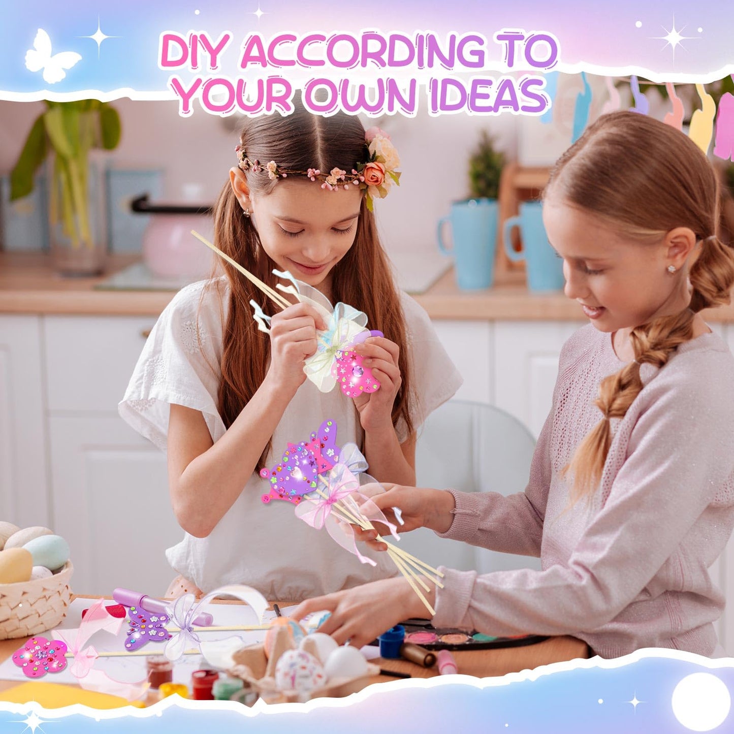 Juexica 48 Pcs DIY Princess Fairy Wands Kit Include Fairy Wands, Gems Stickers, Ribbons, Unfinished Make Your Own Wooden Princess Wand Kit for Birthday Party Supplies Craft Gifts