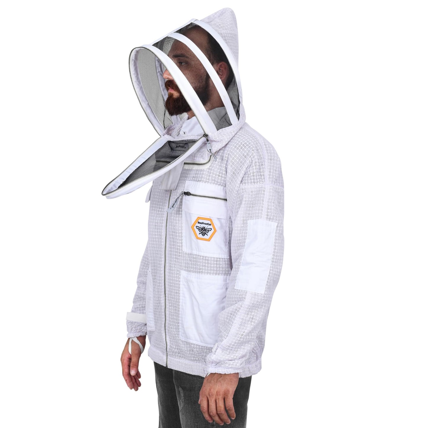 BP-301 Beekeeping Jacket with Veil, 3-Layer Ultra Ventilated Suit for Full Protection, Safety Fencing, YKK Zippers, and Carrying Bag (White Fencing Veil, X-Large)