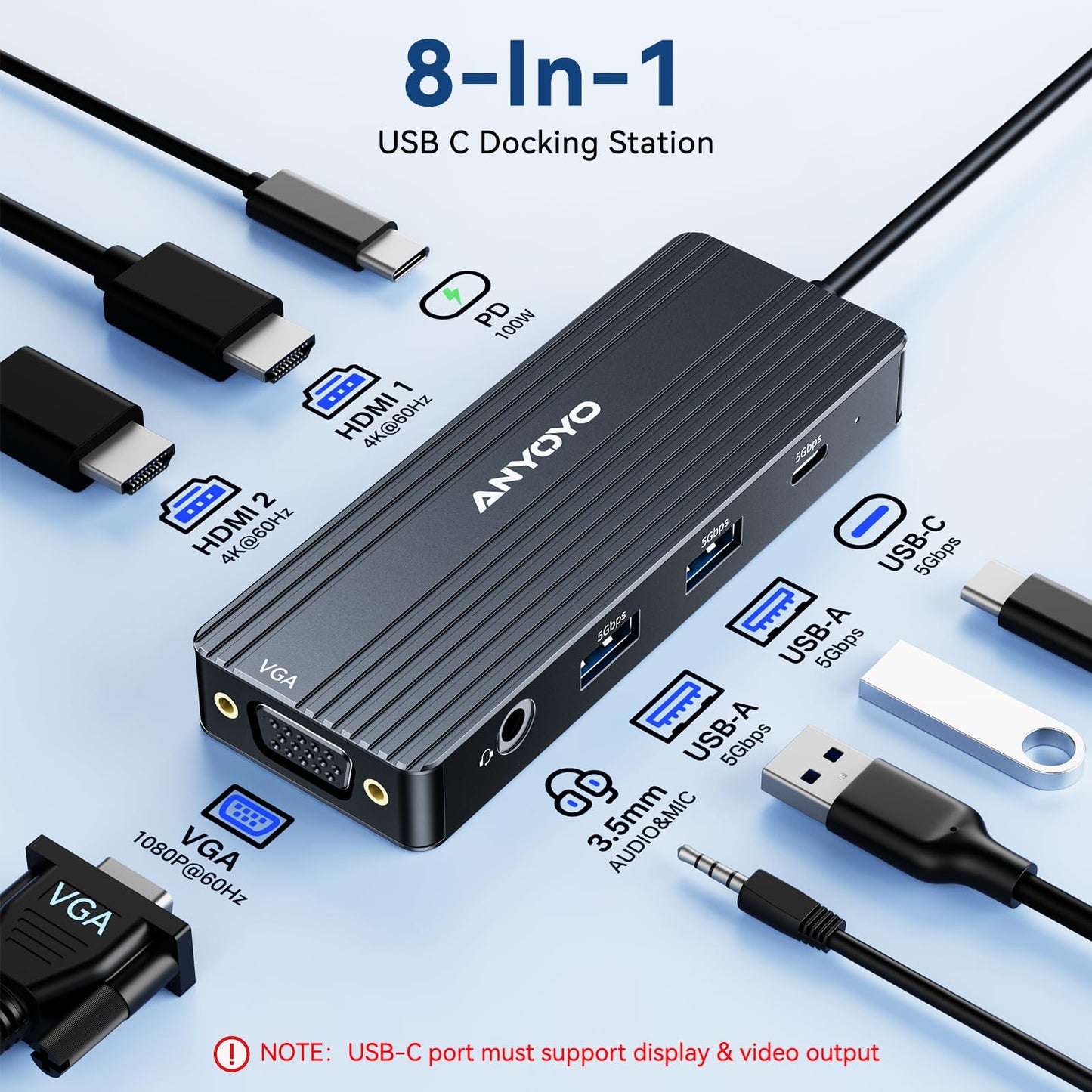 ANYOYO USB C Docking Station Dual Monitor, 8 in 1 Laptop Docking Station 3 Monitors with Dual HDMI 4K60HZ and VGA 1080P60HZ, 3 * 5Gbps USB-A/C,PD100W,HDMI Dock for Dell,Lenovo,HP(Black)