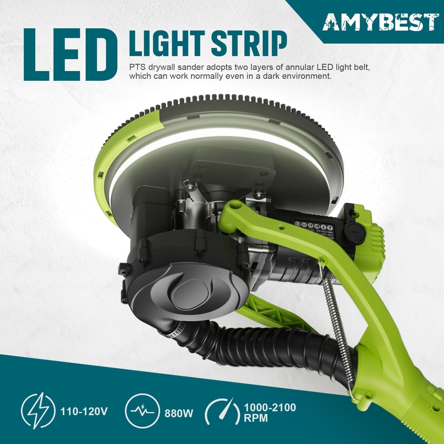 AMYBEST Drywall Sander, Powerful Electric Drywall Sander with Vacuum Dust Collection, 5 Speed 1000-2100 RPM, Popcorn Ceiling Remover, LED Light & 12 Sanding Discs, Extendable Handle (GREEN)