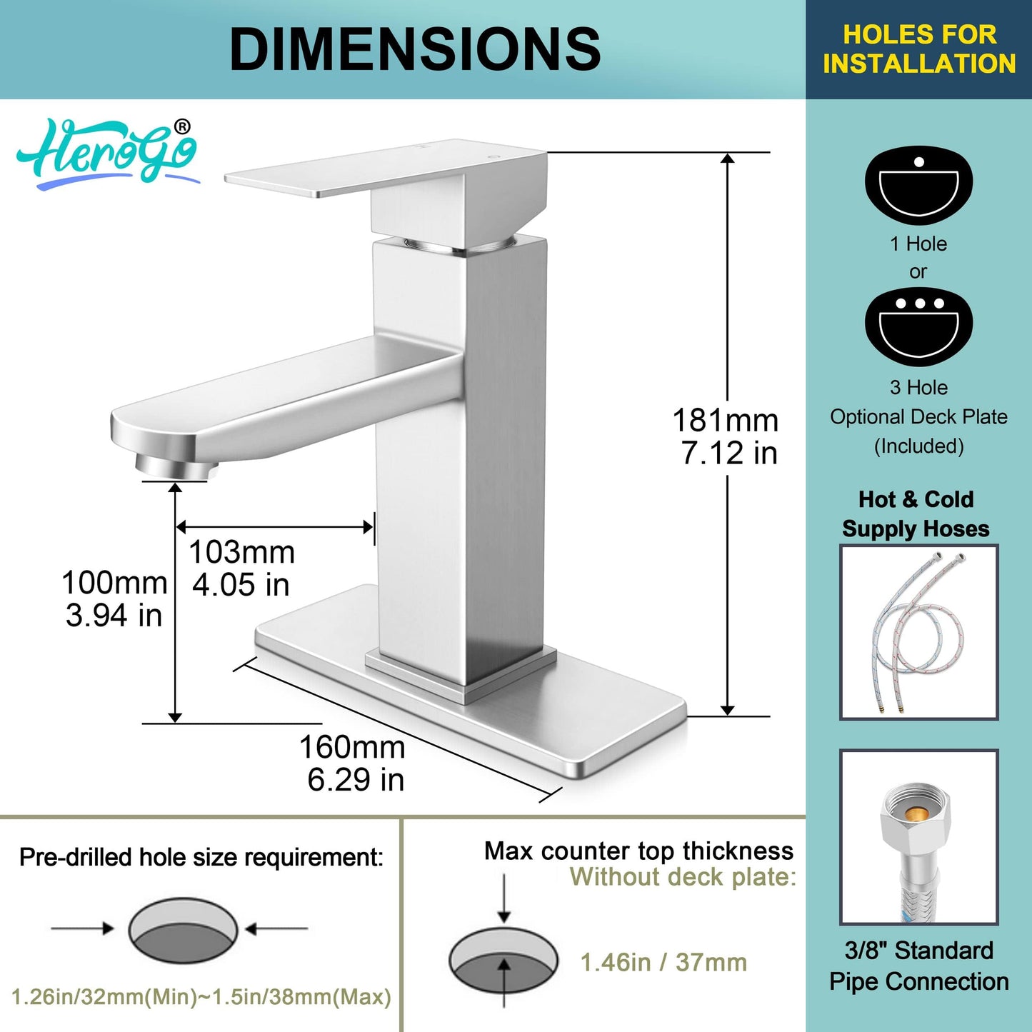 2 Pack Brushed Nickel Bathroom Faucet, Herogo Stainless Steel Bathroom Sink Faucets with Brass Pop-up Sink Drain Stopper & Deck Plate 1 or 3 Hole, Single Handle RV Lavatory Faucet with 2 Water Hoses