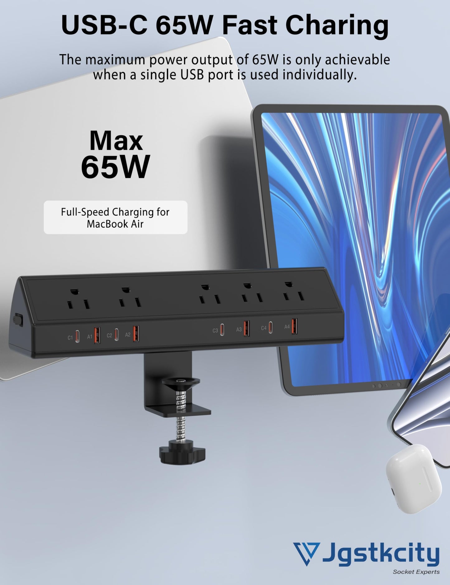 Desk Clamp Power Strip 65W Fast Charging Station,4 PD USB-C,5 Outlets,Nightstand Desk Edge Mount Tower Surge Protector,15 Amp Heavy Duty Power Strip,Fits 1.96" Tabletop Edge (Black, 6 FT Cable)