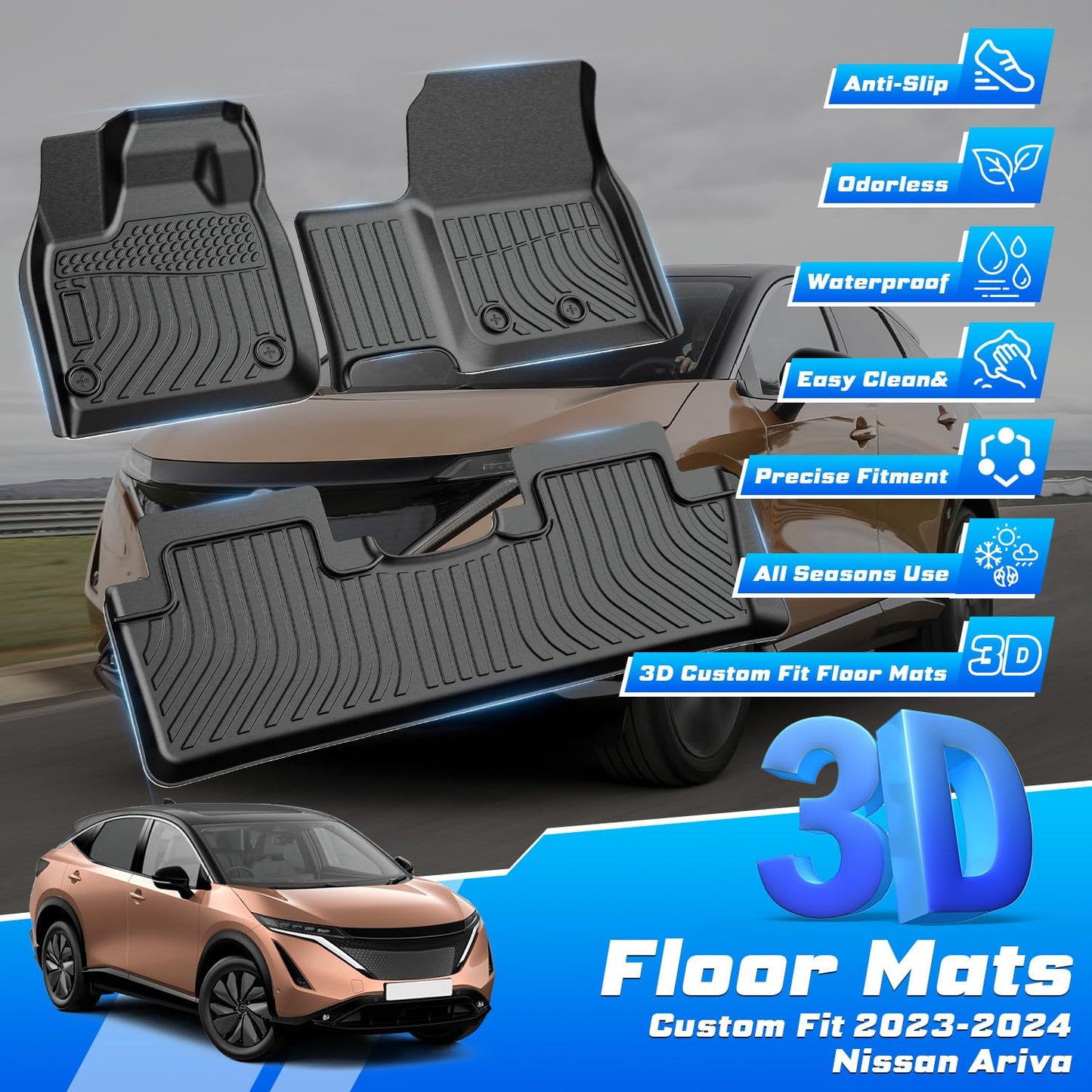 Sunsdrew Floor Mats for Nissan Ariya 2023 2024 2025 Accessories All Weather Ariya Floor Liner,1st&2nd Row Full Set Heavy Duty Car mats Black