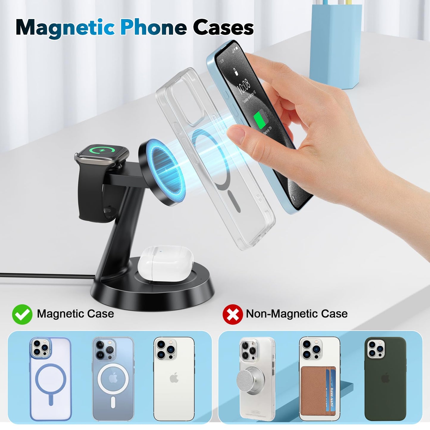 3 in 1 Wireless Charging Station for Apple, Charger Stand for Multiple Apple Devices, Wireless Charging Station for iPhone 16/15/14/13/12 Series, Wireless Charger for AirPods, iWatch Series (Black)