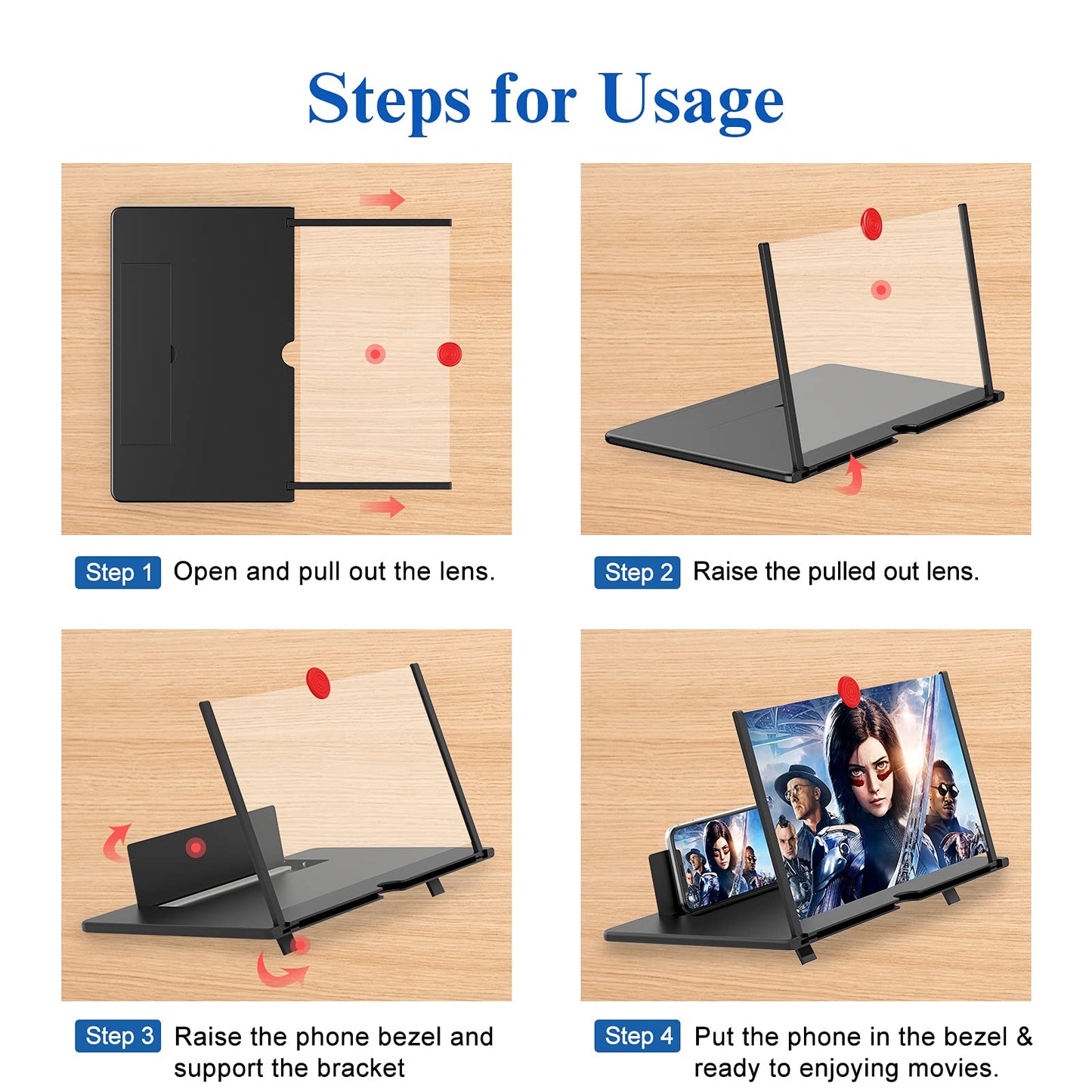 12" Screen Magnifier –3D HD Mobile Phone Magnifier Projector Screen Enlarger for Movies, Videos, and Gaming–Foldable Cell Phone Stand with Screen Amplifier–Supports All Smartphones (Black, 12inch)