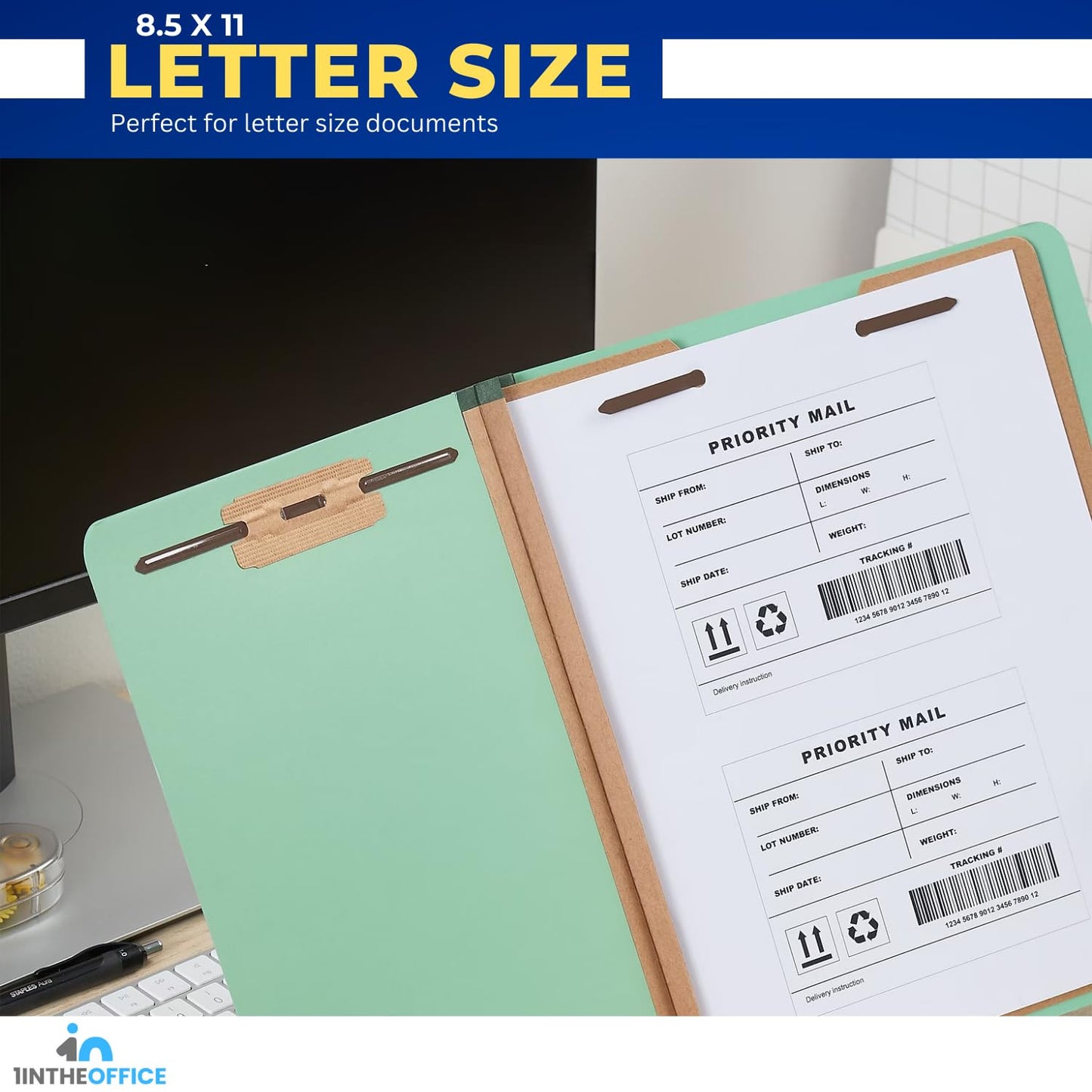 1InTheOffice Classification Folder 2 Dividers Letter Size Green, Pressboard Classification Folders, 2.5" Expansion, 20 Pack