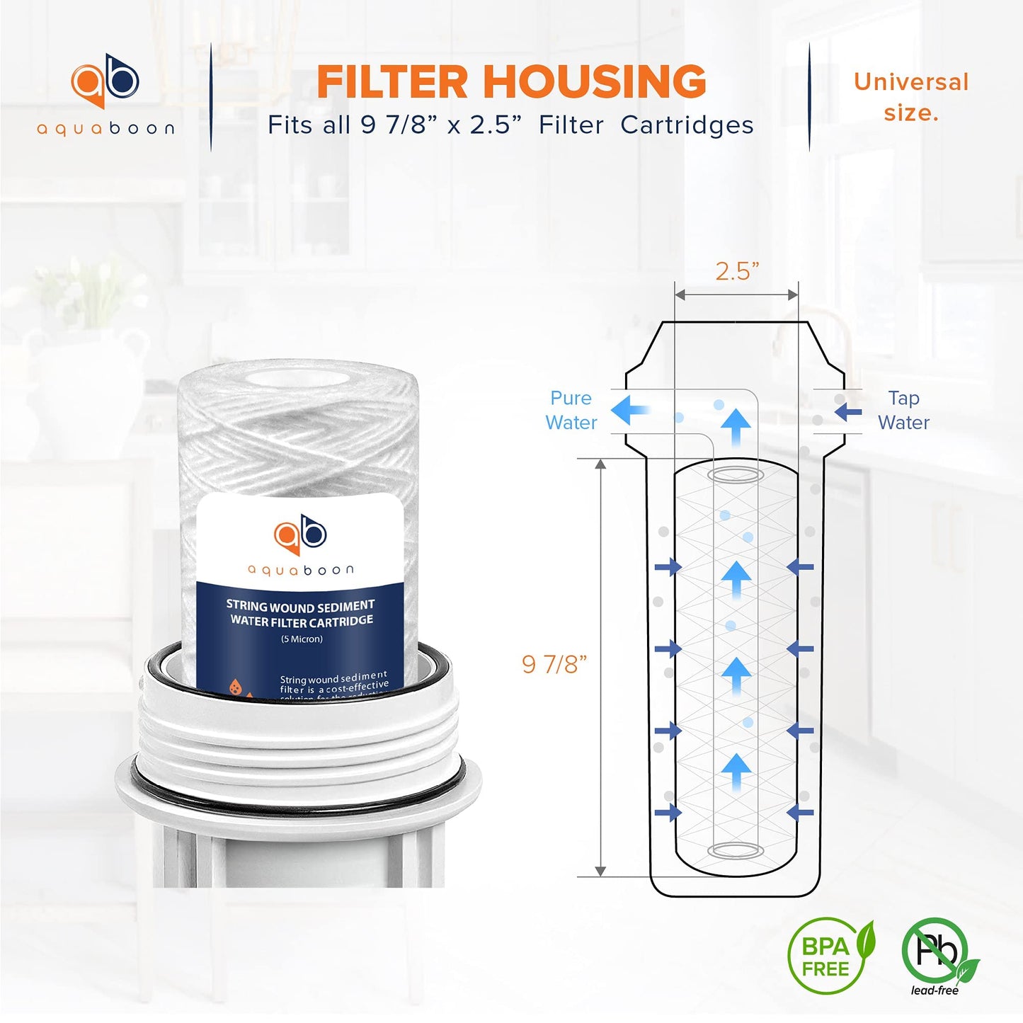 Aquaboon Whole House 5 Micron 10 x 2.5 String Wound Sediment Water Filter Cartridge Replacement Compatible with Well Water Filter WHKF-WHSW, 6-Pack