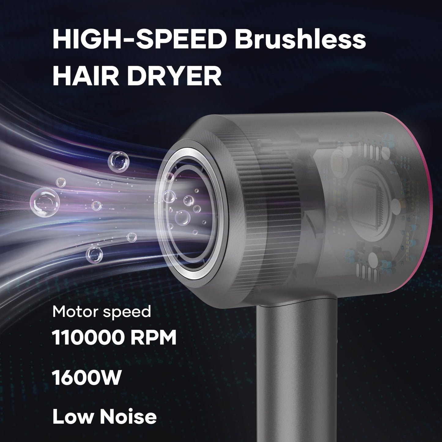 1600W Fast Drying Hair Dryer,Negative Ionic Blow Dryer with High-Speed 110,000 RPM Brushless Powerful Digital Motor,Low Noise Thermo-Control (Beige - Dark Blue)